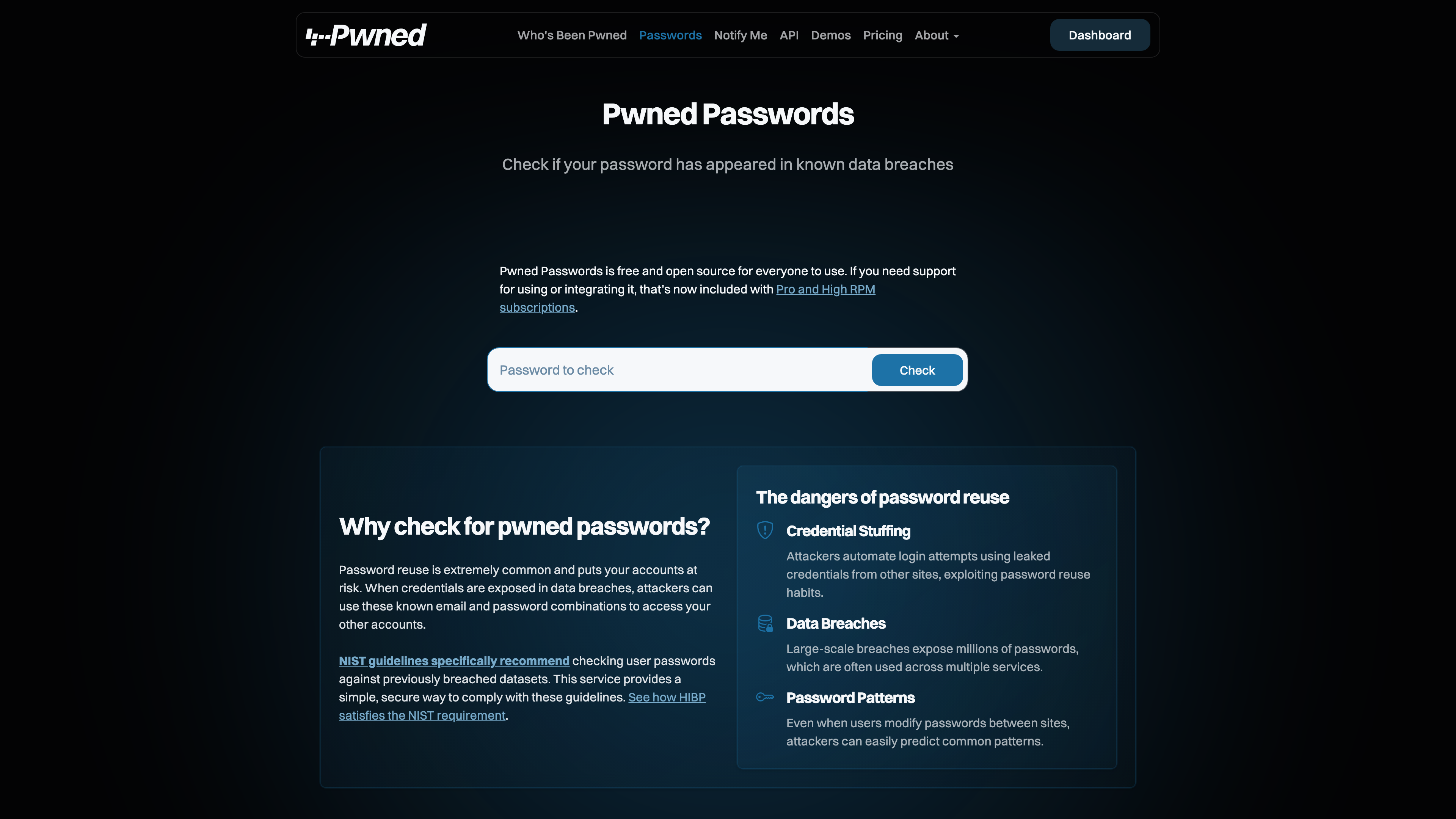 The Pwned Passwords page offers a privacy-preserving password check