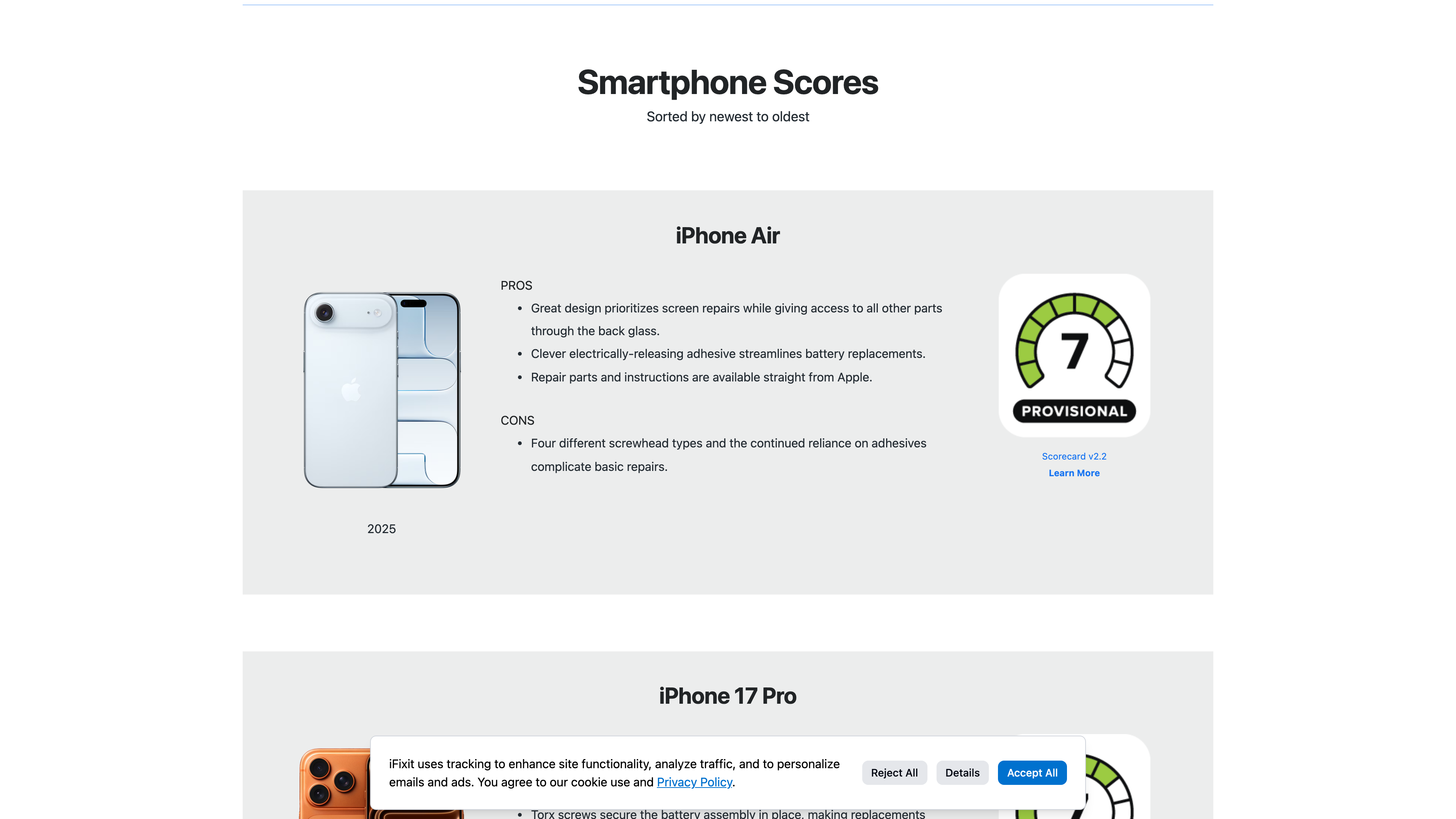 The smartphone repairability scores page: each phone lists pros, cons, year and the scorecard version used