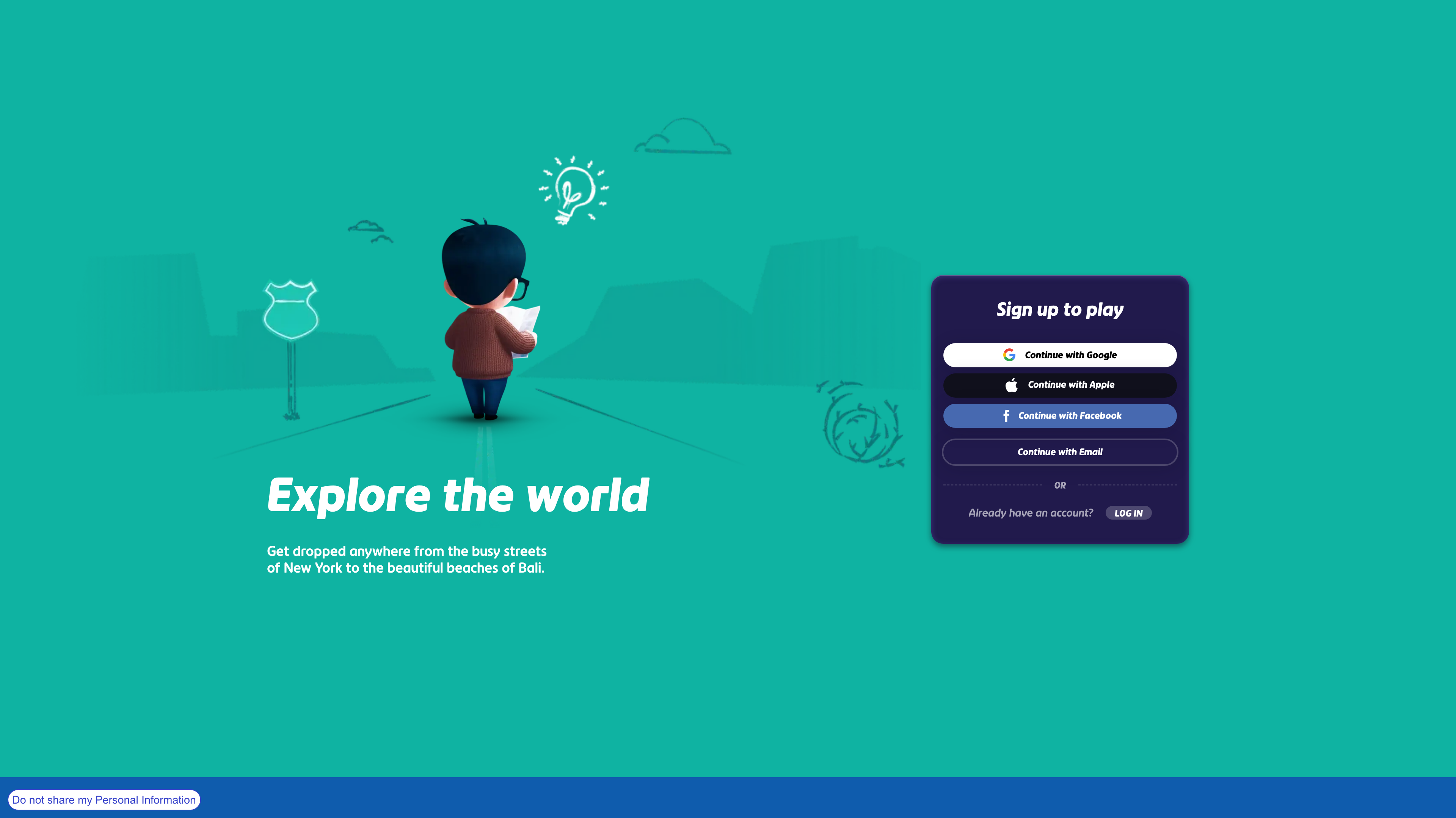 The "Explore the world" section of the GeoGuessr homepage, describing how players can be dropped anywhere from New York streets to Bali beaches; the sign-up panel on the right shows that an account is required to play