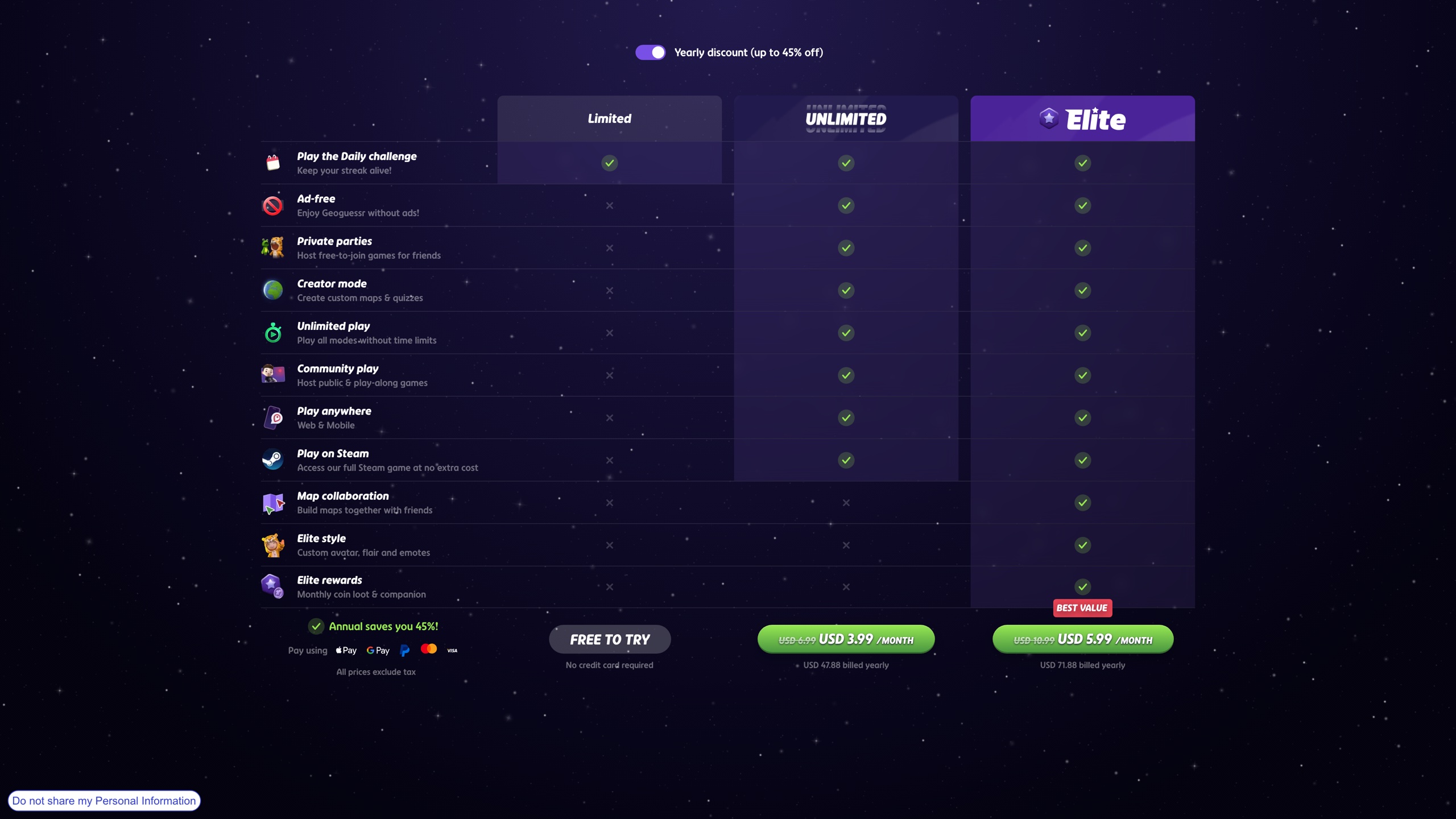 The GeoGuessr pricing page: the free Limited tier includes only the Daily Challenge; Unlimited is <span class="katex"><span class="katex-mathml"><math xmlns="http://www.w3.org/1998/Math/MathML"><semantics><mrow><mn>3.99</mn><mi mathvariant="normal">/</mi><mi>m</mi><mi>o</mi><mi>n</mi><mi>t</mi><mi>h</mi><mi>b</mi><mi>i</mi><mi>l</mi><mi>l</mi><mi>e</mi><mi>d</mi><mi>y</mi><mi>e</mi><mi>a</mi><mi>r</mi><mi>l</mi><mi>y</mi><mi>a</mi><mi>n</mi><mi>d</mi><mi>E</mi><mi>l</mi><mi>i</mi><mi>t</mi><mi>e</mi><mi>i</mi><mi>s</mi></mrow><annotation encoding="application/x-tex">3.99/month billed yearly and Elite is</annotation></semantics></math></span><span class="katex-html" aria-hidden="true"><span class="katex-base"><span class="katex-strut" style="height:1em;vertical-align:-0.25em;"></span><span class="mord">3.99/</span><span class="mord mathnormal">m</span><span class="mord mathnormal">o</span><span class="mord mathnormal">n</span><span class="mord mathnormal">t</span><span class="mord mathnormal">hbi</span><span class="mord mathnormal" style="margin-right:0.0197em;">l</span><span class="mord mathnormal" style="margin-right:0.0197em;">l</span><span class="mord mathnormal">e</span><span class="mord mathnormal">d</span><span class="mord mathnormal" style="margin-right:0.0359em;">y</span><span class="mord mathnormal">e</span><span class="mord mathnormal">a</span><span class="mord mathnormal" style="margin-right:0.0278em;">r</span><span class="mord mathnormal" style="margin-right:0.0197em;">l</span><span class="mord mathnormal" style="margin-right:0.0359em;">y</span><span class="mord mathnormal">an</span><span class="mord mathnormal">d</span><span class="mord mathnormal" style="margin-right:0.0576em;">E</span><span class="mord mathnormal" style="margin-right:0.0197em;">l</span><span class="mord mathnormal">i</span><span class="mord mathnormal">t</span><span class="mord mathnormal">e</span><span class="mord mathnormal">i</span><span class="mord mathnormal">s</span></span></span></span>5.99/month billed yearly