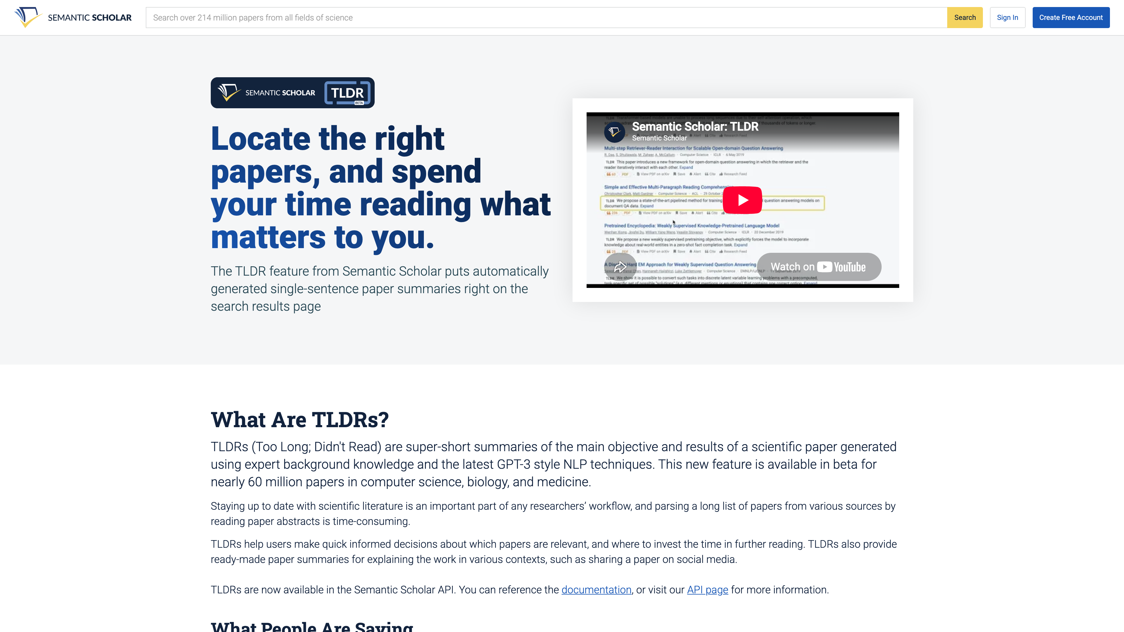 The Semantic Scholar TLDR feature page, with one-sentence summary examples from computer science and biomedicine
