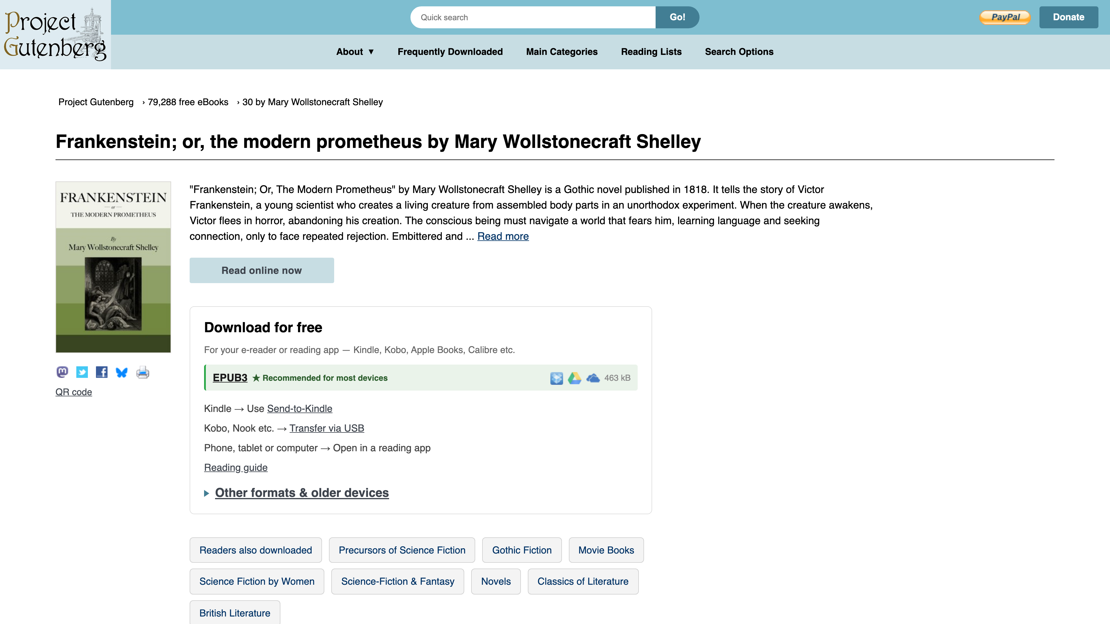 The Frankenstein title page: cover and online-reading button on the left, a download panel recommending EPUB3 with file size on the right, plus alternate formats and related reading lists below