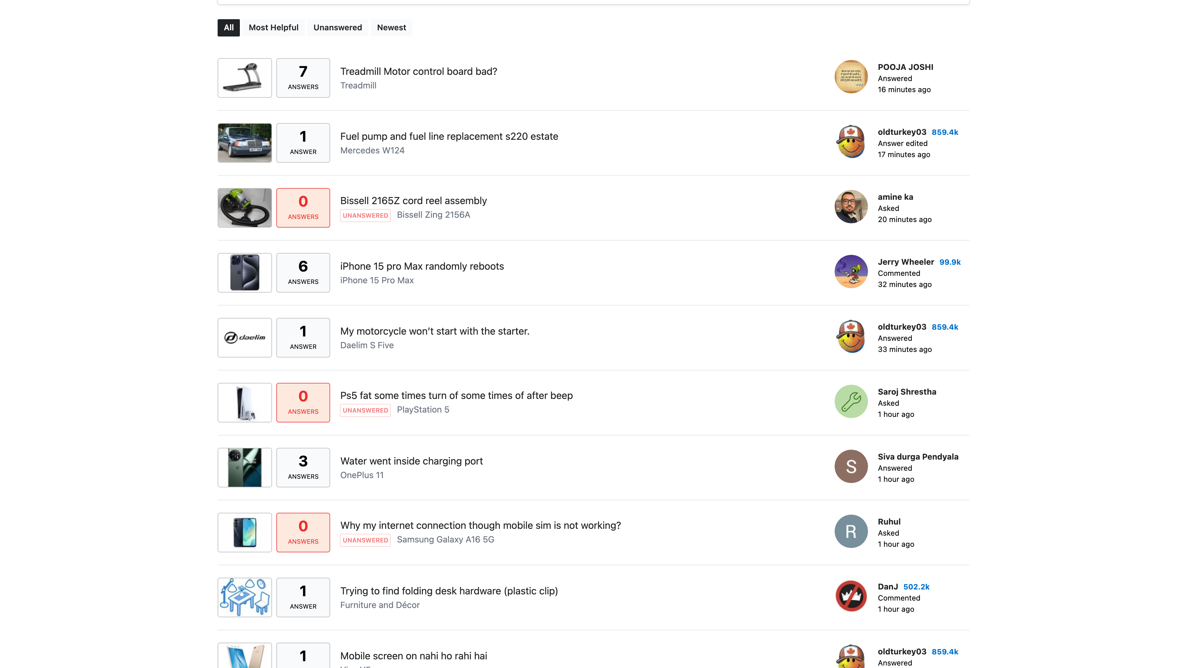 The Answers forum question list, grouped by device and showing reply counts and posting times