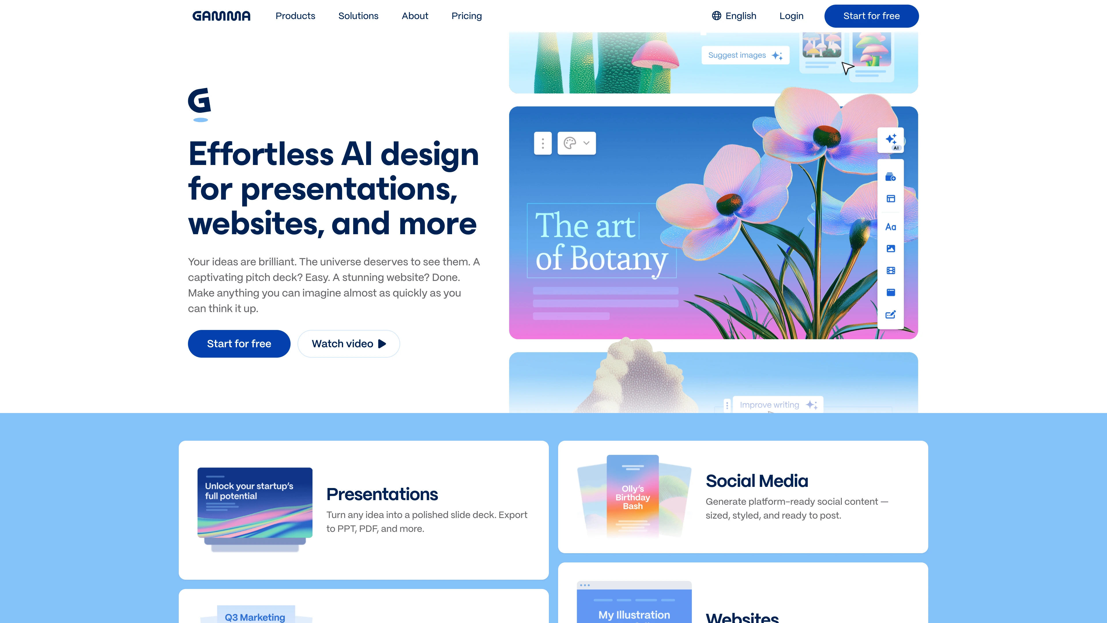 Gamma homepage: product positioning copy on the left and a live editor demo on the right, showing a botany-themed presentation being generated
