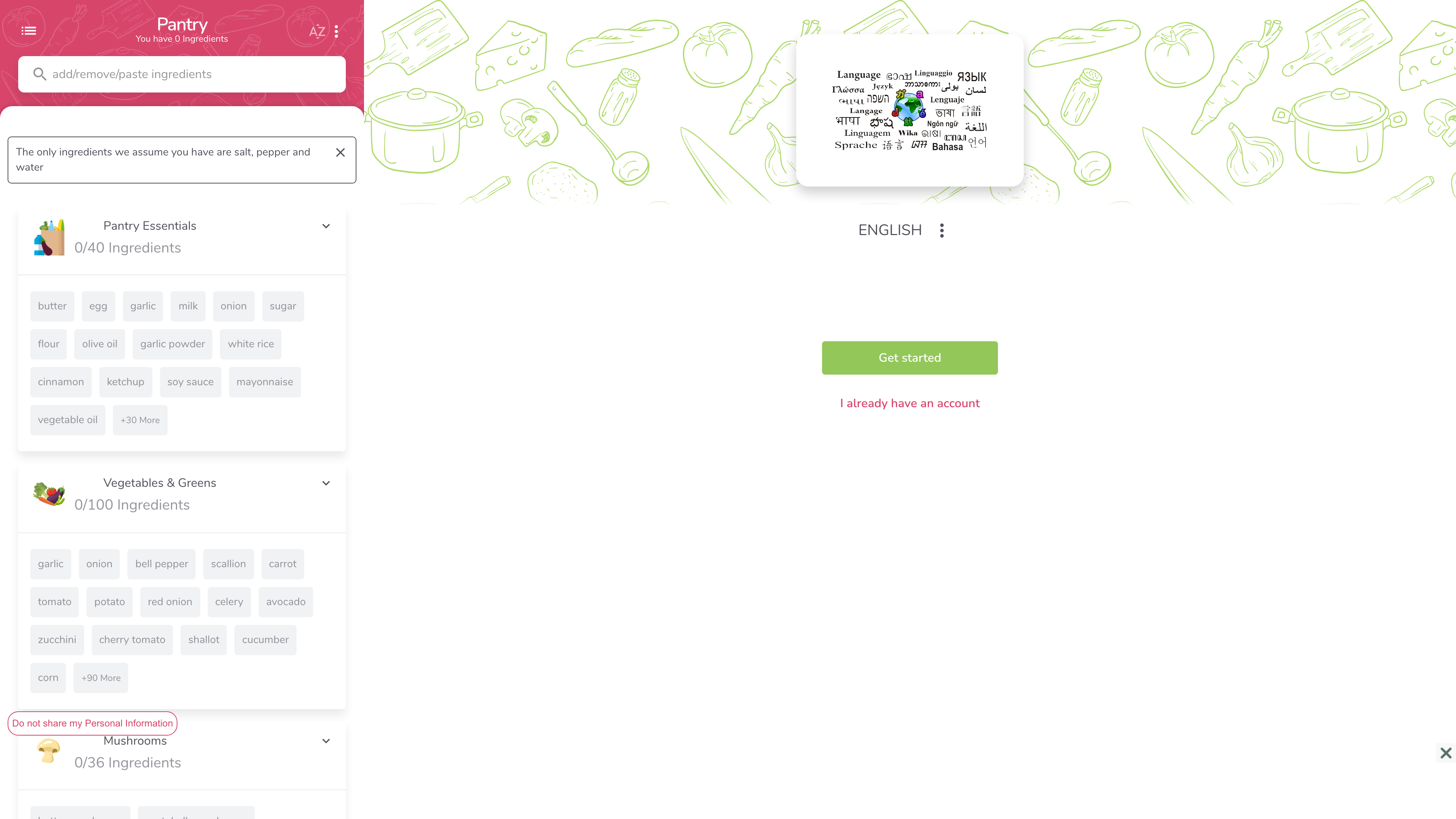 SuperCook homepage: the ingredient pantry panel on the left, with the language selector open