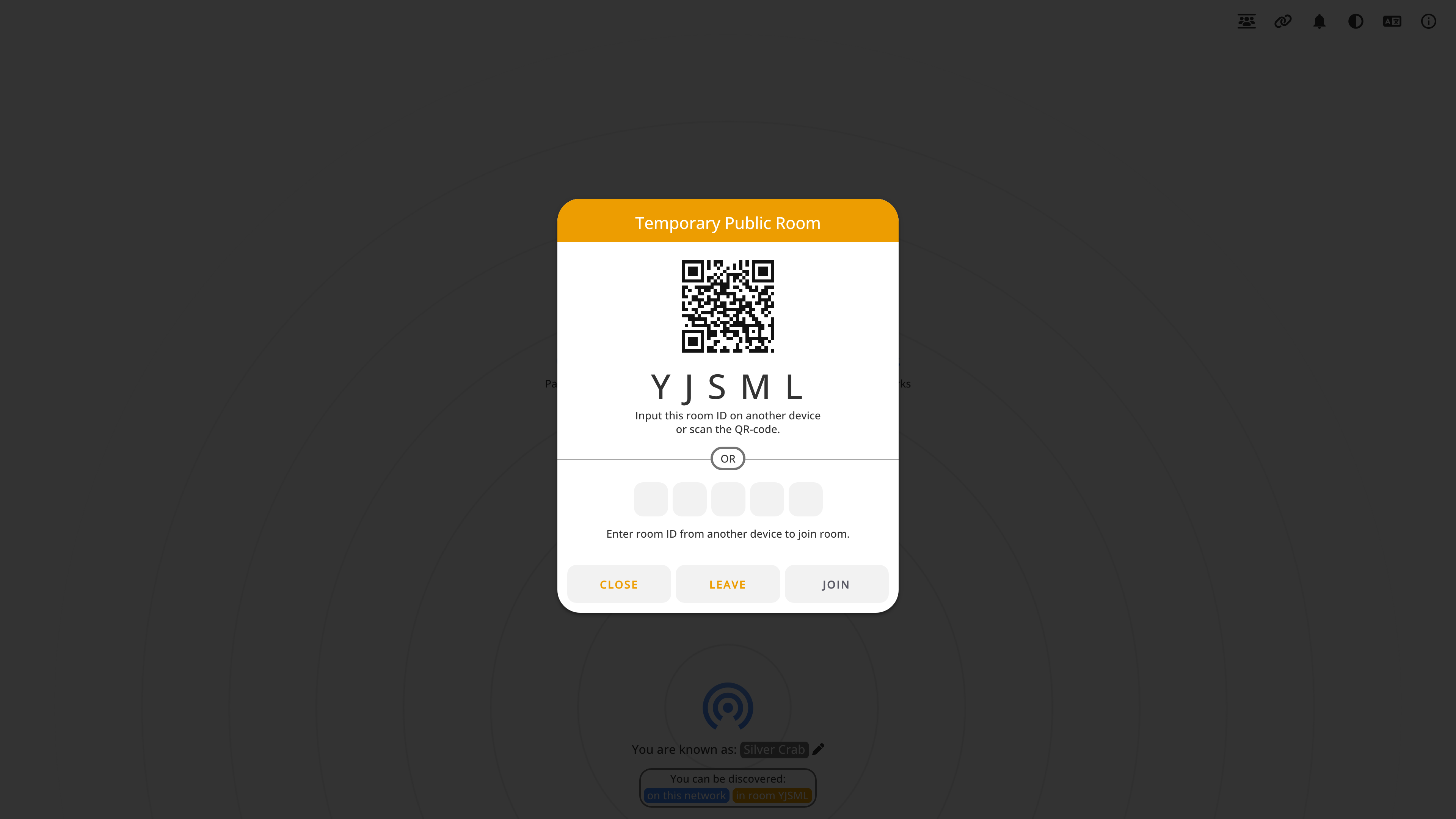 PairDrop temporary public room dialog: 5-letter room ID and QR code