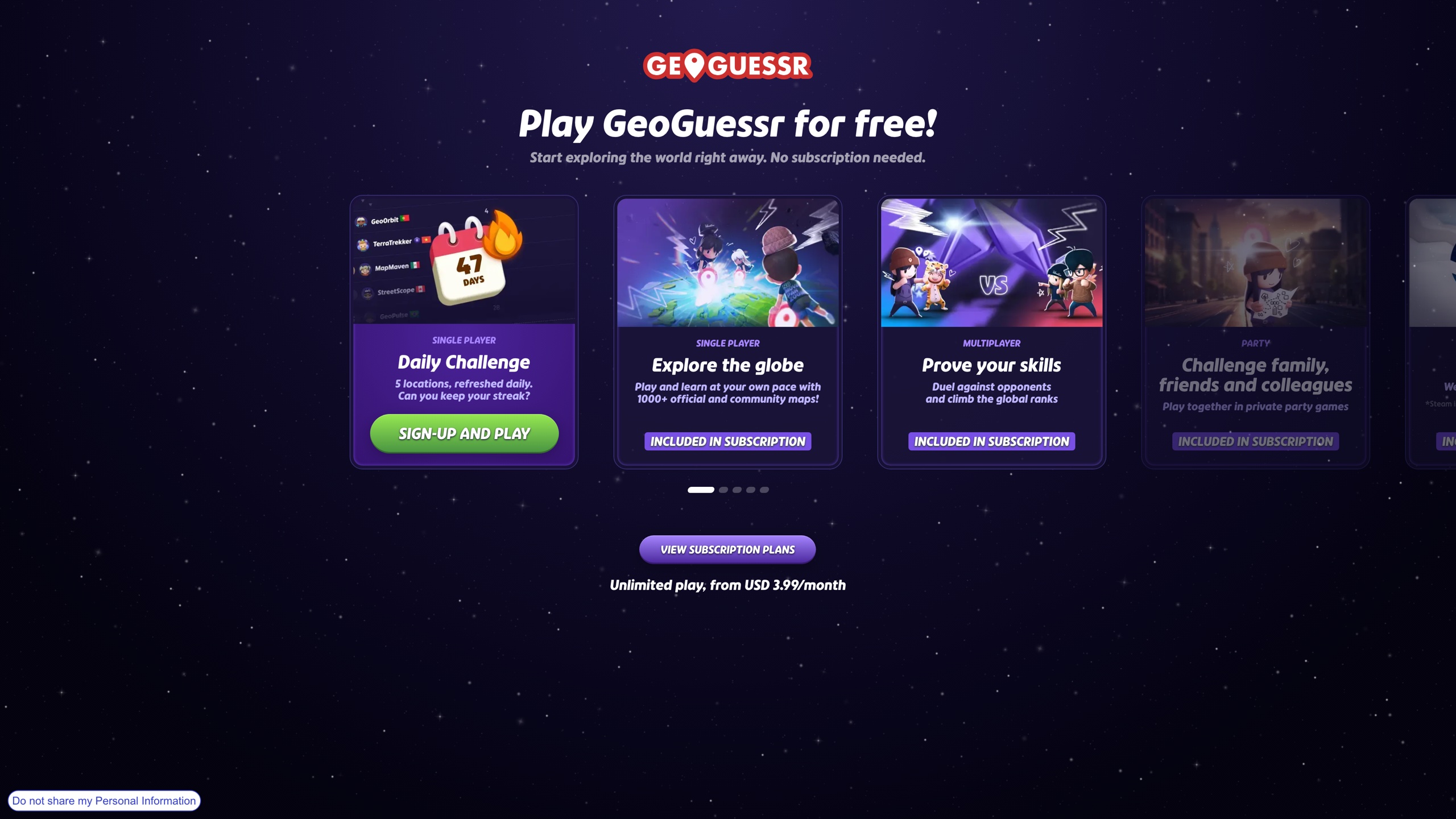 The official "Play GeoGuessr for free" page: only the Daily Challenge is playable after sign-up, while every other mode is marked "Included in subscription"
