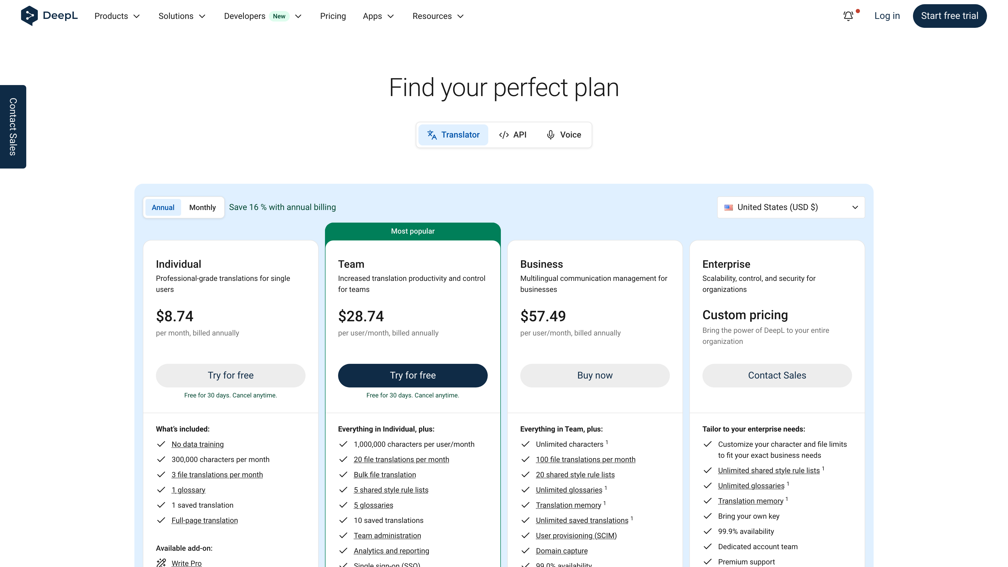 DeepL pricing page: Individual, Team, and Business subscription tiers plus a custom Enterprise plan