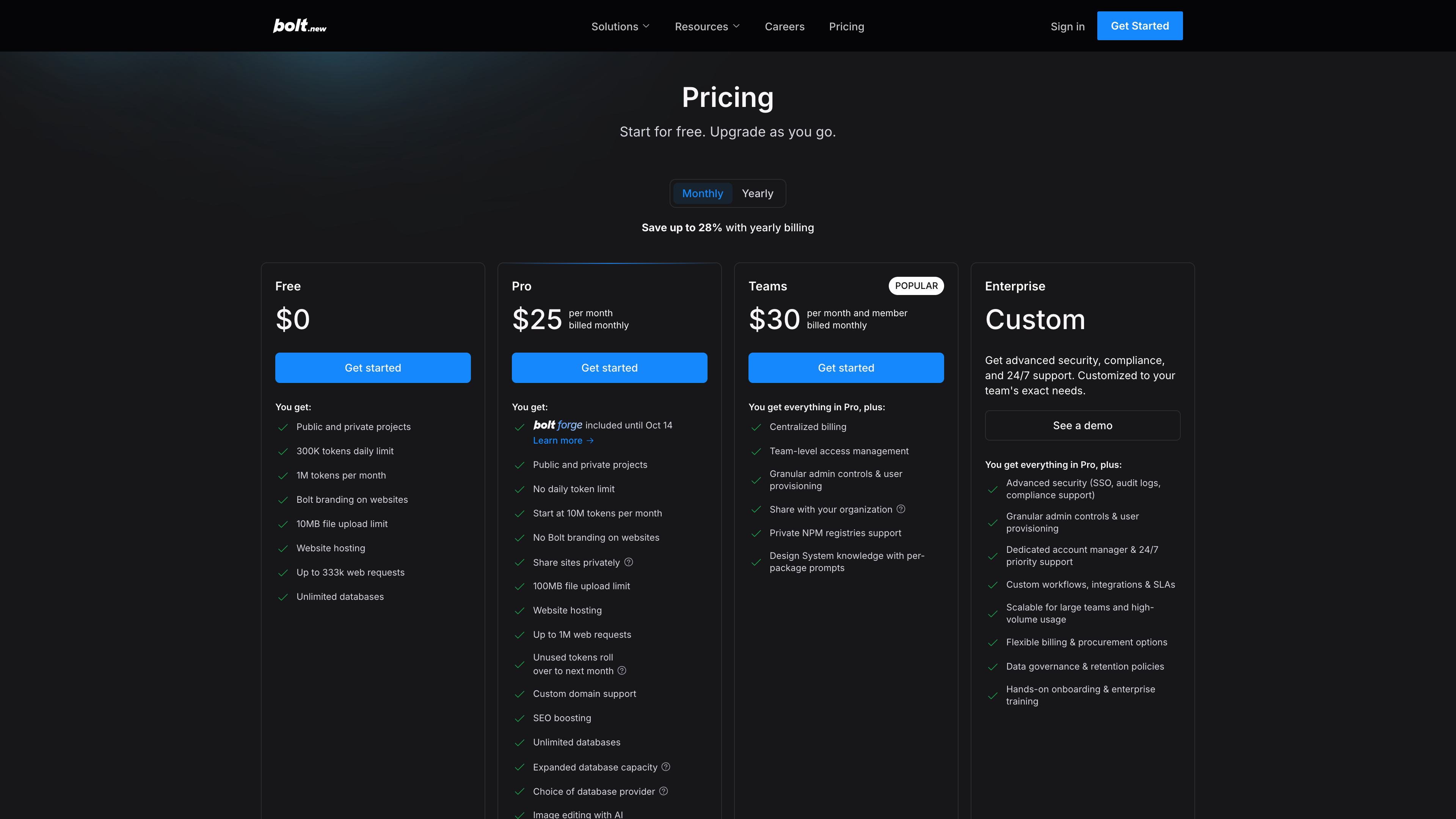 Bolt's pricing page: Free $0, Pro $25/month, Teams $30 per member/month, Enterprise custom