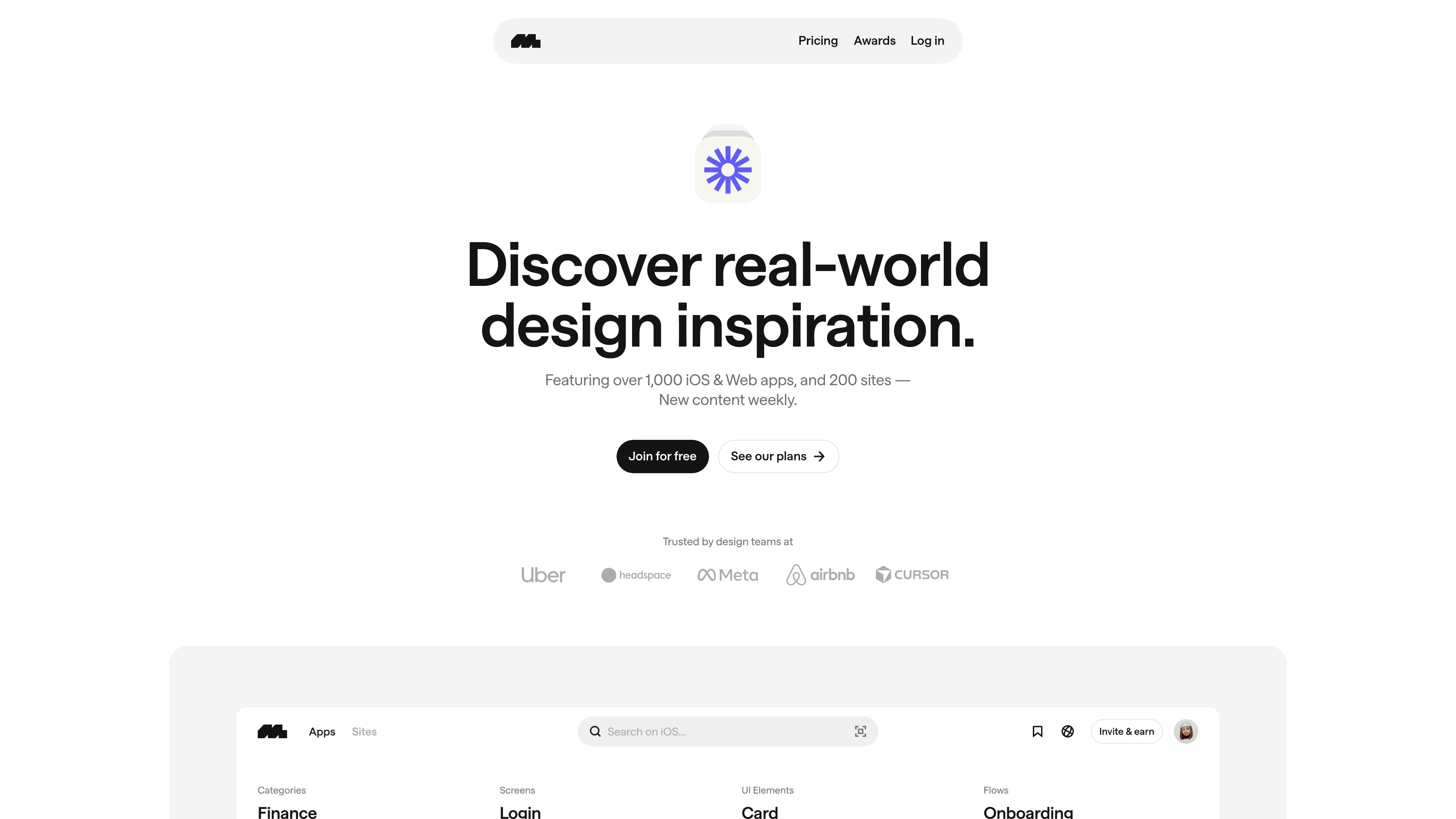 The Mobbin homepage hero: "Discover real-world design inspiration", featuring over 1,000 iOS and web apps plus 200+ sites, with Uber, Headspace, Meta, Airbnb, and Cursor listed as customer teams