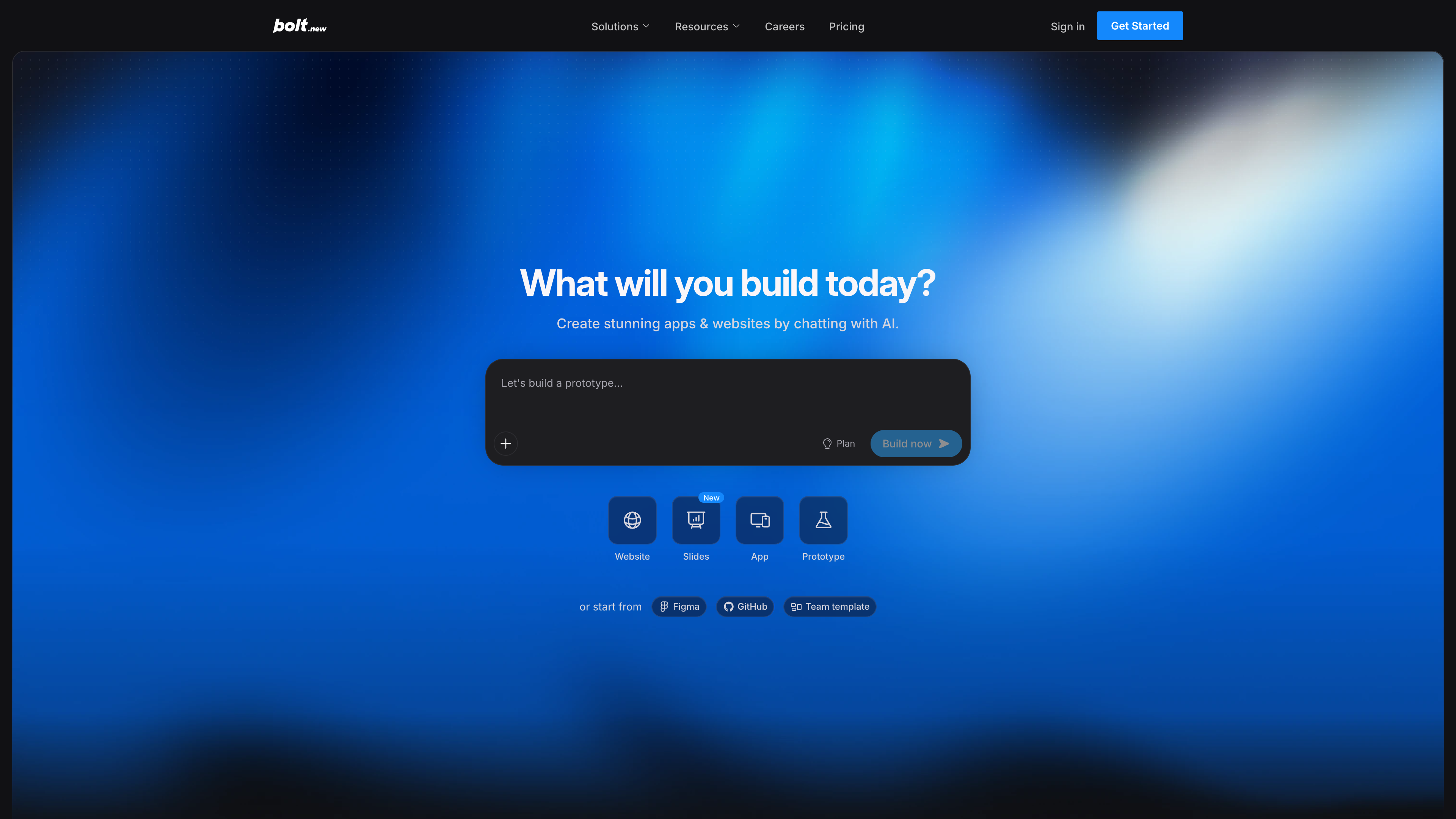 The Bolt homepage: the prompt box “What will you build today?” with Website, Slides, App, and Prototype quick-start chips