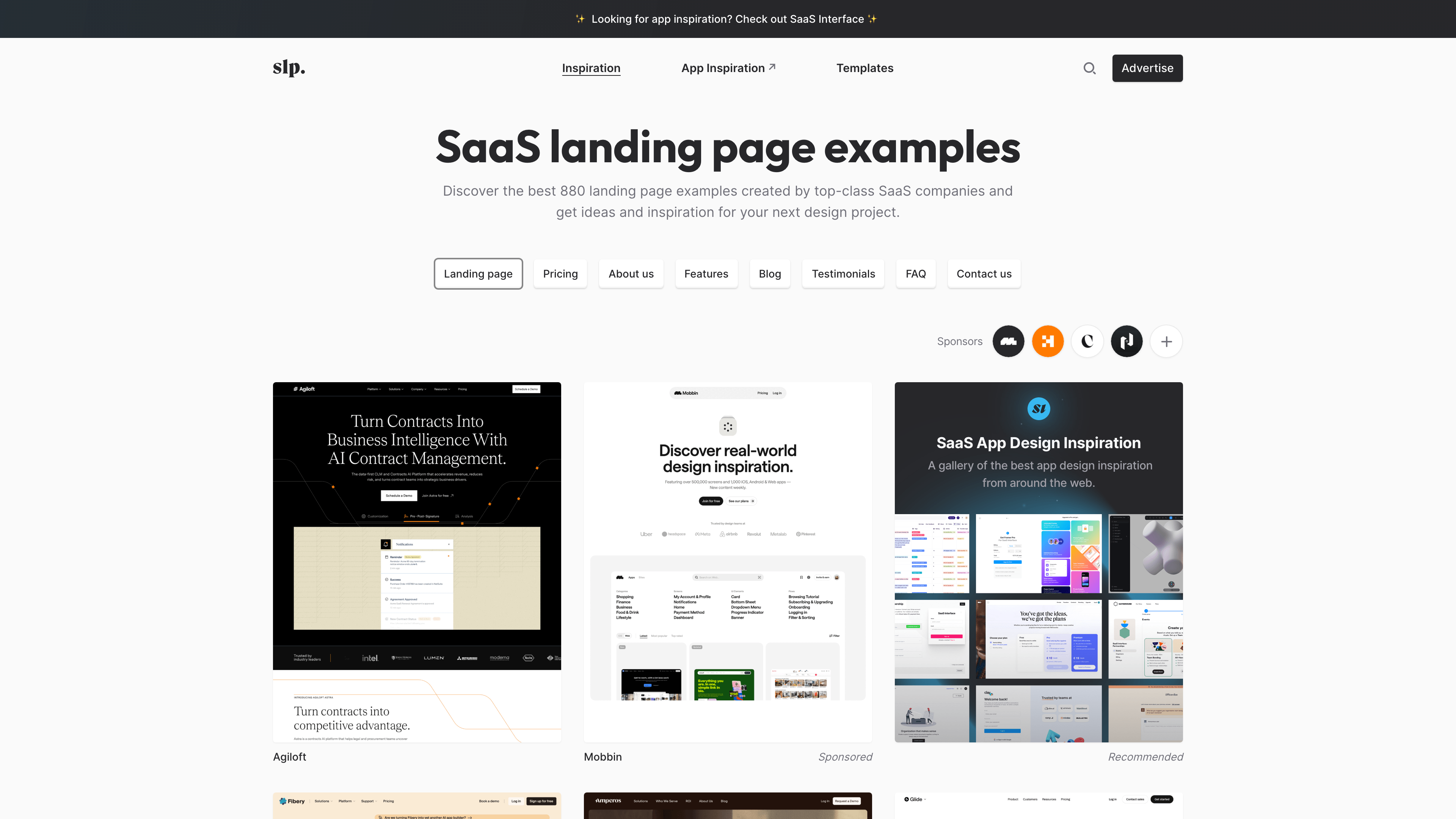 SaaS Landing Page homepage: 880 examples and page-section filters