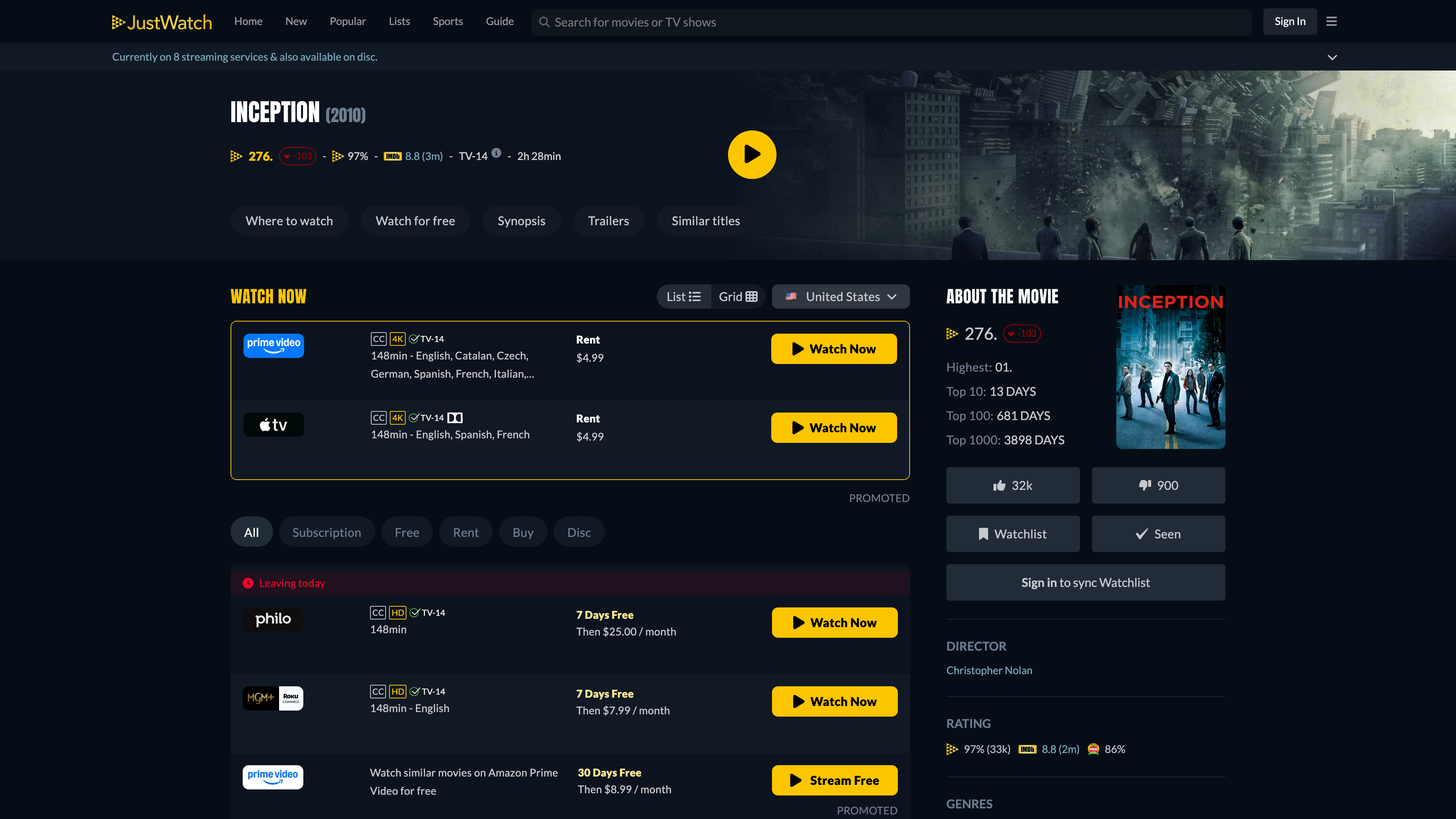 The Inception detail page: subscription, rental, and purchase options with prices