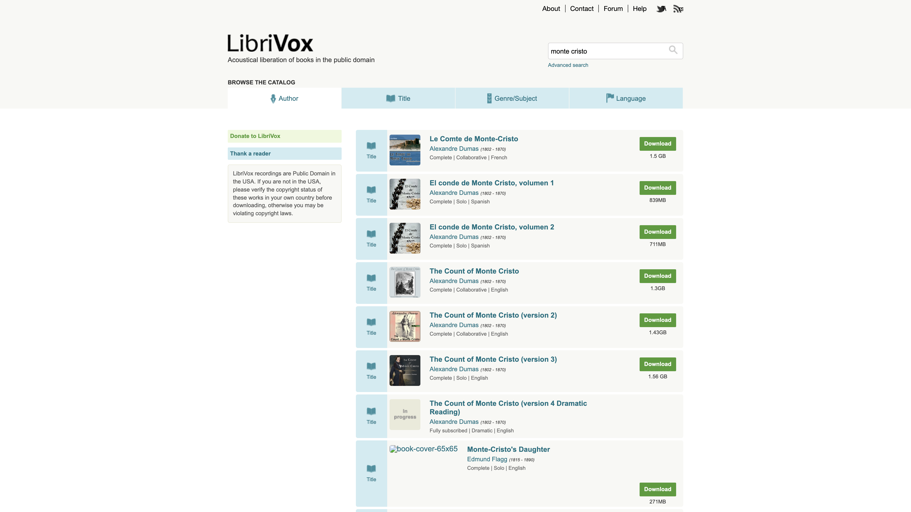 Combined search results for "monte cristo" on LibriVox: the same work appears in French, Spanish and English recordings, with completion status, project type and full-book download sizes