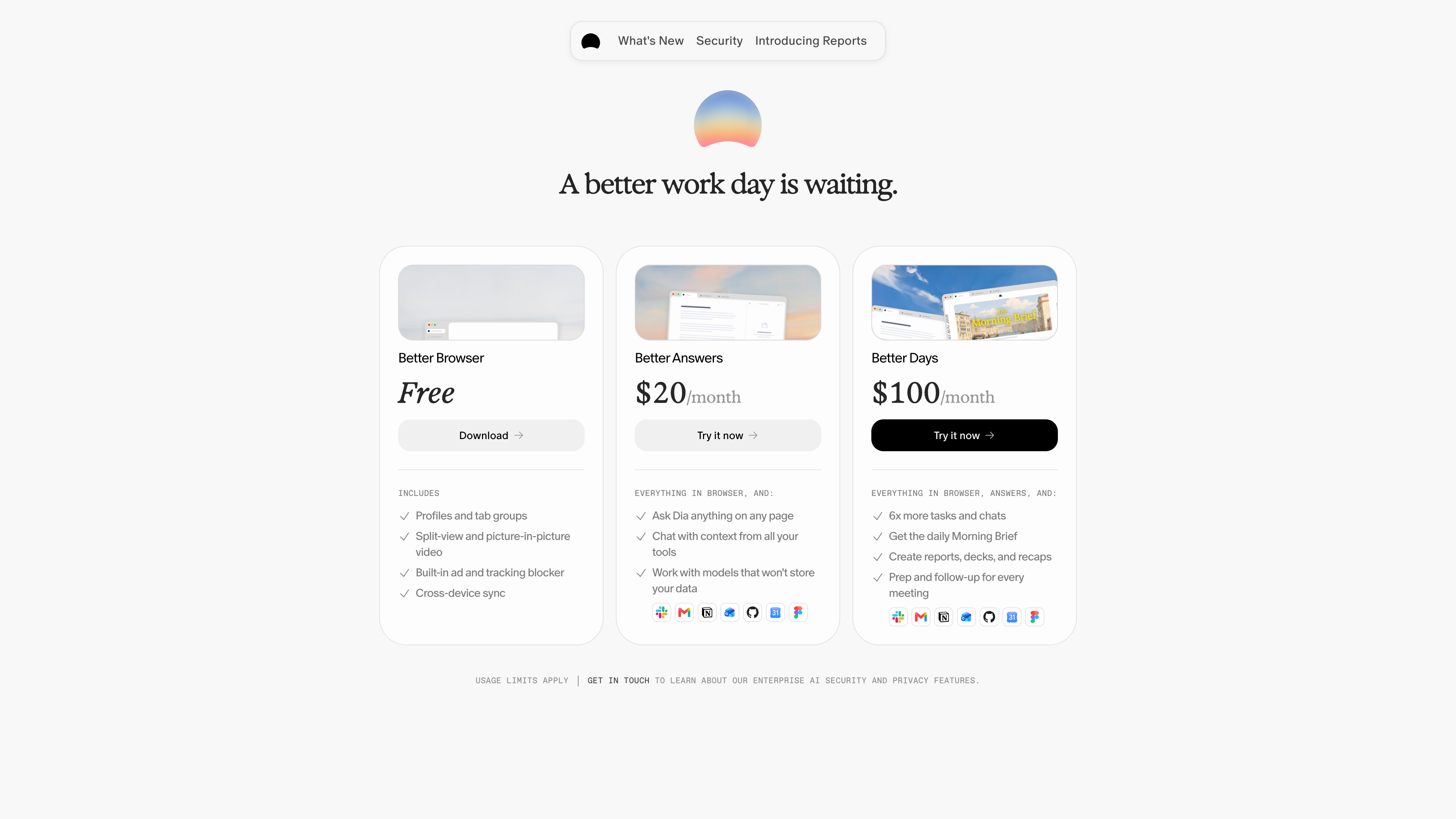 Dia's plans page: Better Browser (Free), Better Answers ($20/month), and Better Days ($100/month)
