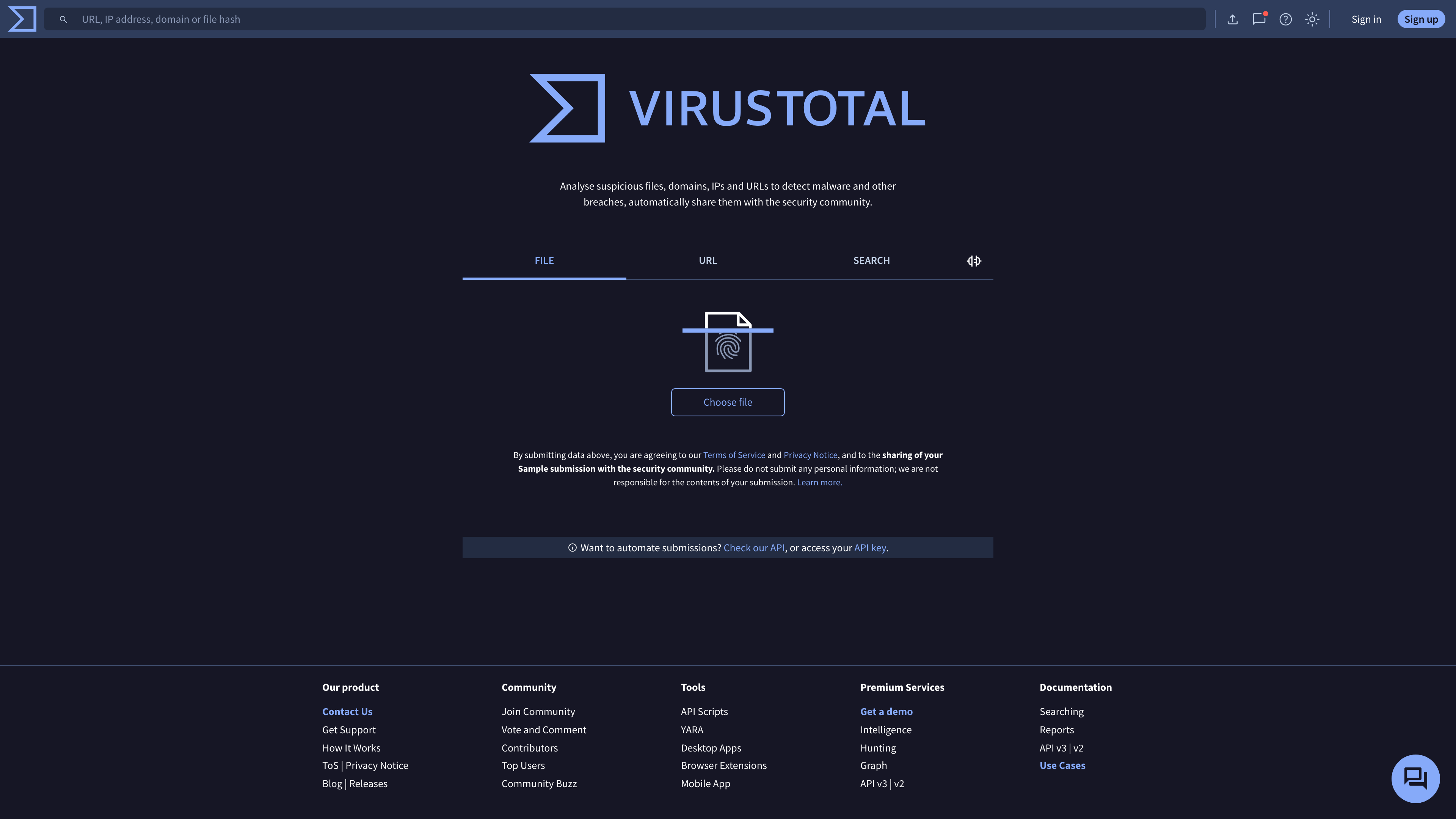 The VirusTotal home page: file, URL and search tabs, with a notice that submissions are shared with the security community