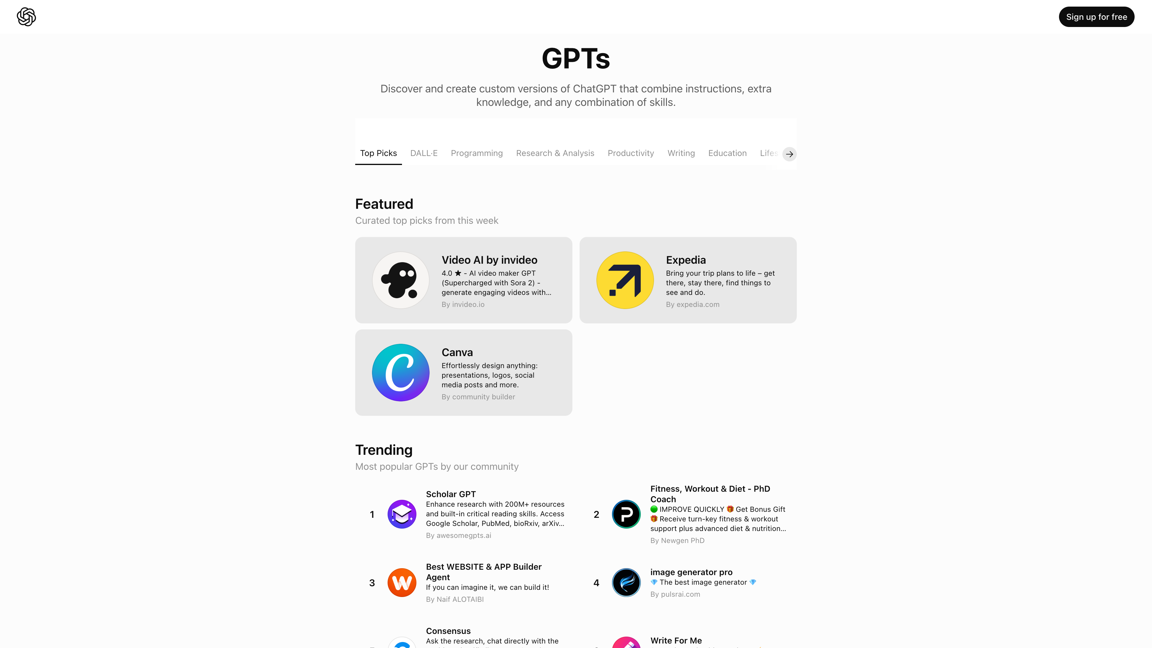 The GPT directory: browse community-built custom GPTs by category such as programming, research and analysis, productivity and writing