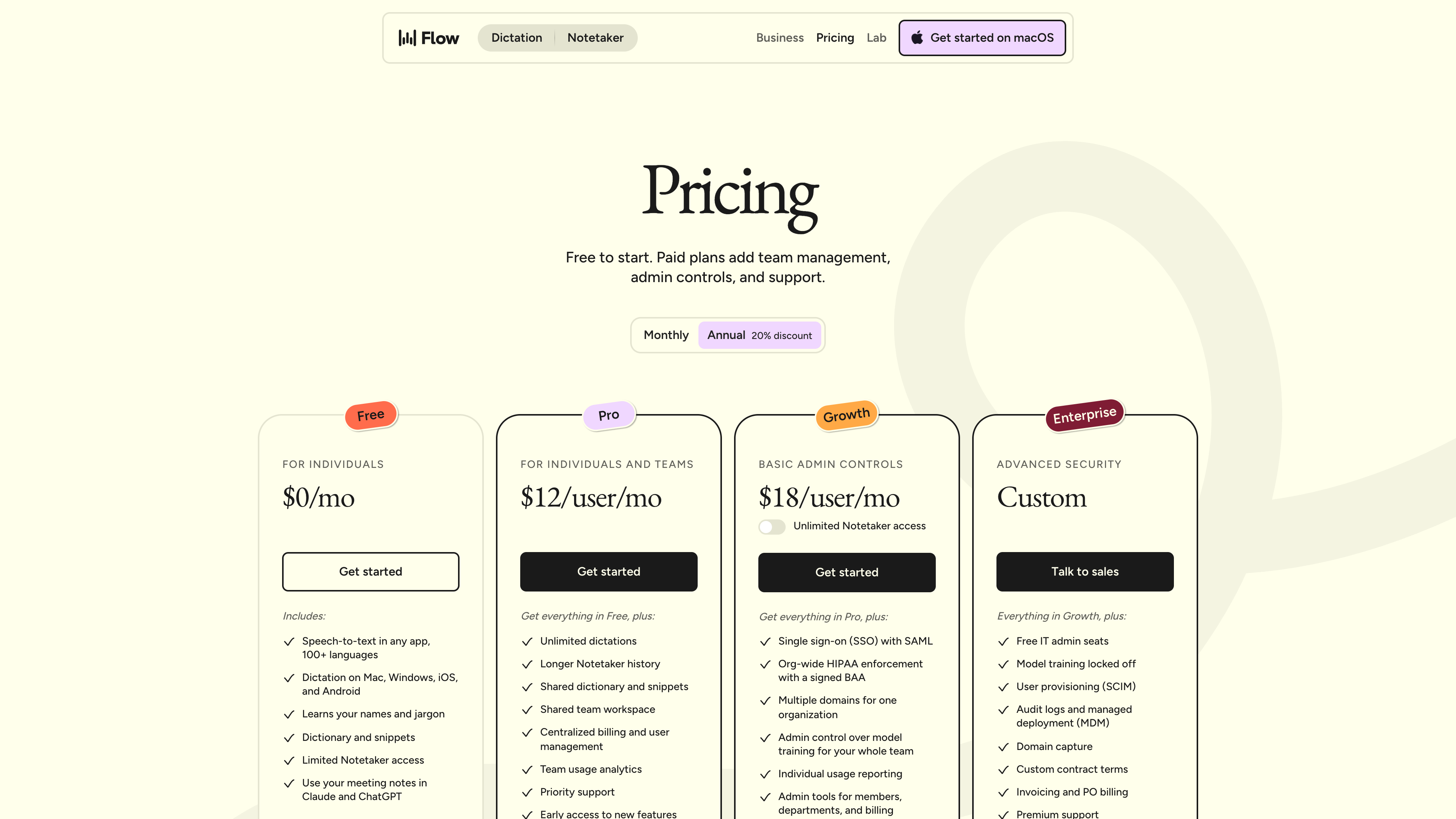 The Wispr Flow pricing page: Free, Pro (<span class="katex"><span class="katex-mathml"><math xmlns="http://www.w3.org/1998/Math/MathML"><semantics><mrow><mn>12</mn><mi mathvariant="normal">/</mi><mi>u</mi><mi>s</mi><mi>e</mi><mi>r</mi><mi mathvariant="normal">/</mi><mi>m</mi><mi>o</mi><mi>n</mi><mi>t</mi><mi>h</mi><mi>a</mi><mi>n</mi><mi>n</mi><mi>u</mi><mi>a</mi><mi>l</mi><mi>l</mi><mi>y</mi><mo stretchy="false">)</mo><mo separator="true">,</mo><mi>G</mi><mi>r</mi><mi>o</mi><mi>w</mi><mi>t</mi><mi>h</mi><mo stretchy="false">(</mo></mrow><annotation encoding="application/x-tex">12/user/month annually), Growth (</annotation></semantics></math></span><span class="katex-html" aria-hidden="true"><span class="katex-base"><span class="katex-strut" style="height:1em;vertical-align:-0.25em;"></span><span class="mord">12/</span><span class="mord mathnormal">u</span><span class="mord mathnormal" style="margin-right:0.0278em;">ser</span><span class="mord">/</span><span class="mord mathnormal">m</span><span class="mord mathnormal">o</span><span class="mord mathnormal">n</span><span class="mord mathnormal">t</span><span class="mord mathnormal">hann</span><span class="mord mathnormal">u</span><span class="mord mathnormal">a</span><span class="mord mathnormal" style="margin-right:0.0197em;">l</span><span class="mord mathnormal" style="margin-right:0.0197em;">l</span><span class="mord mathnormal" style="margin-right:0.0359em;">y</span><span class="mclose">)</span><span class="mpunct">,</span><span class="mspace" style="margin-right:0.1667em;"></span><span class="mord mathnormal">G</span><span class="mord mathnormal" style="margin-right:0.0278em;">r</span><span class="mord mathnormal">o</span><span class="mord mathnormal" style="margin-right:0.0269em;">w</span><span class="mord mathnormal">t</span><span class="mord mathnormal">h</span><span class="mopen">(</span></span></span></span>18/user/month annually), and Enterprise tiers