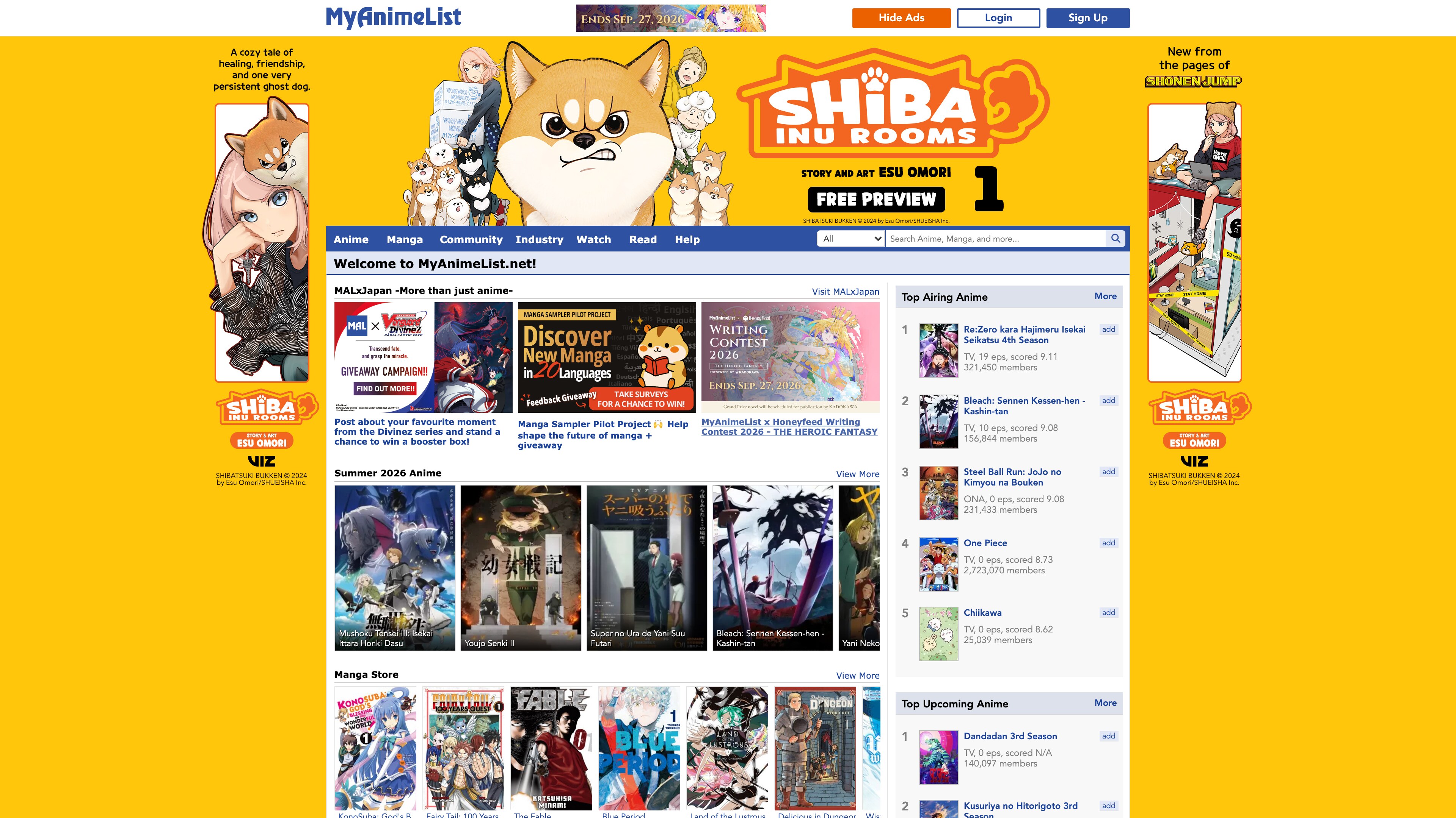 The MyAnimeList home page: seasonal anime, manga store, and top airing rankings