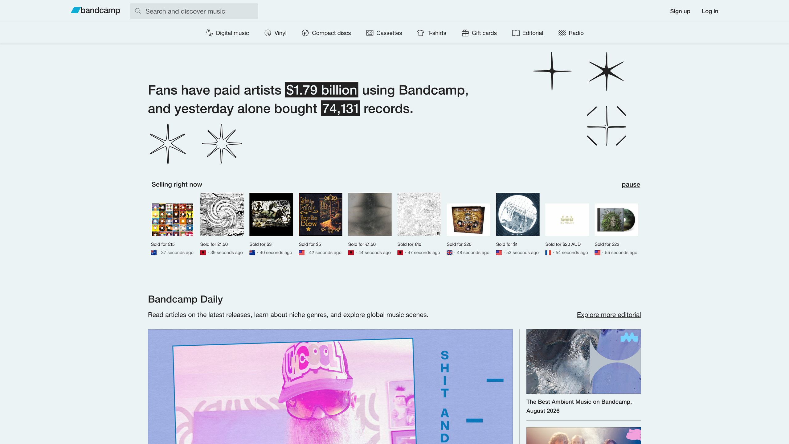The Bandcamp homepage: the cumulative payment counter, the live "selling right now" feed, and the Bandcamp Daily editorial section