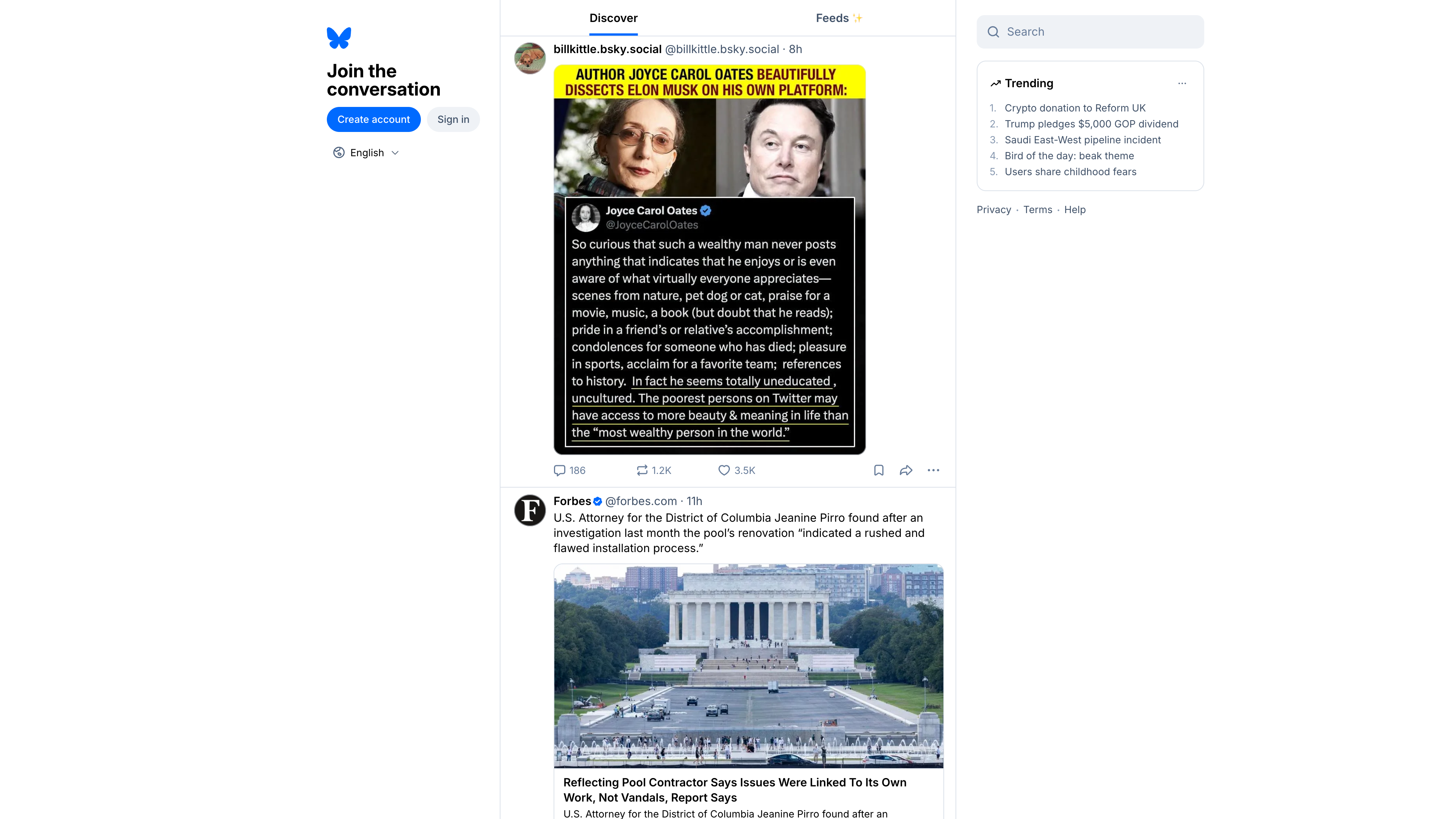 The logged-out Bluesky homepage: a "Join the conversation" sign-up panel on the left, the public Discover feed in the middle, and a Trending list on the right