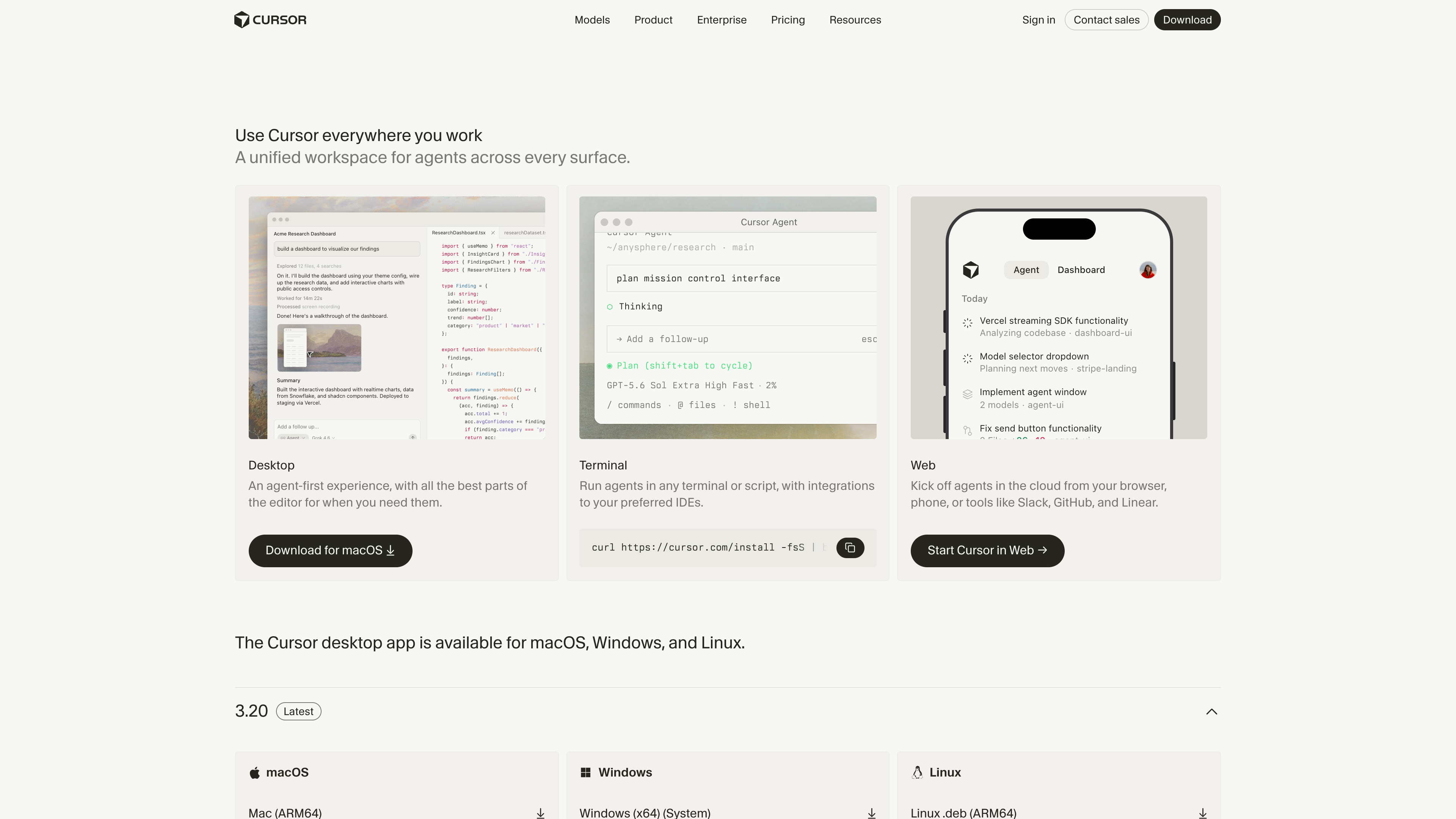 The Cursor download page: Desktop, Terminal, and Web presented side by side, with macOS, Windows, and Linux installers below
