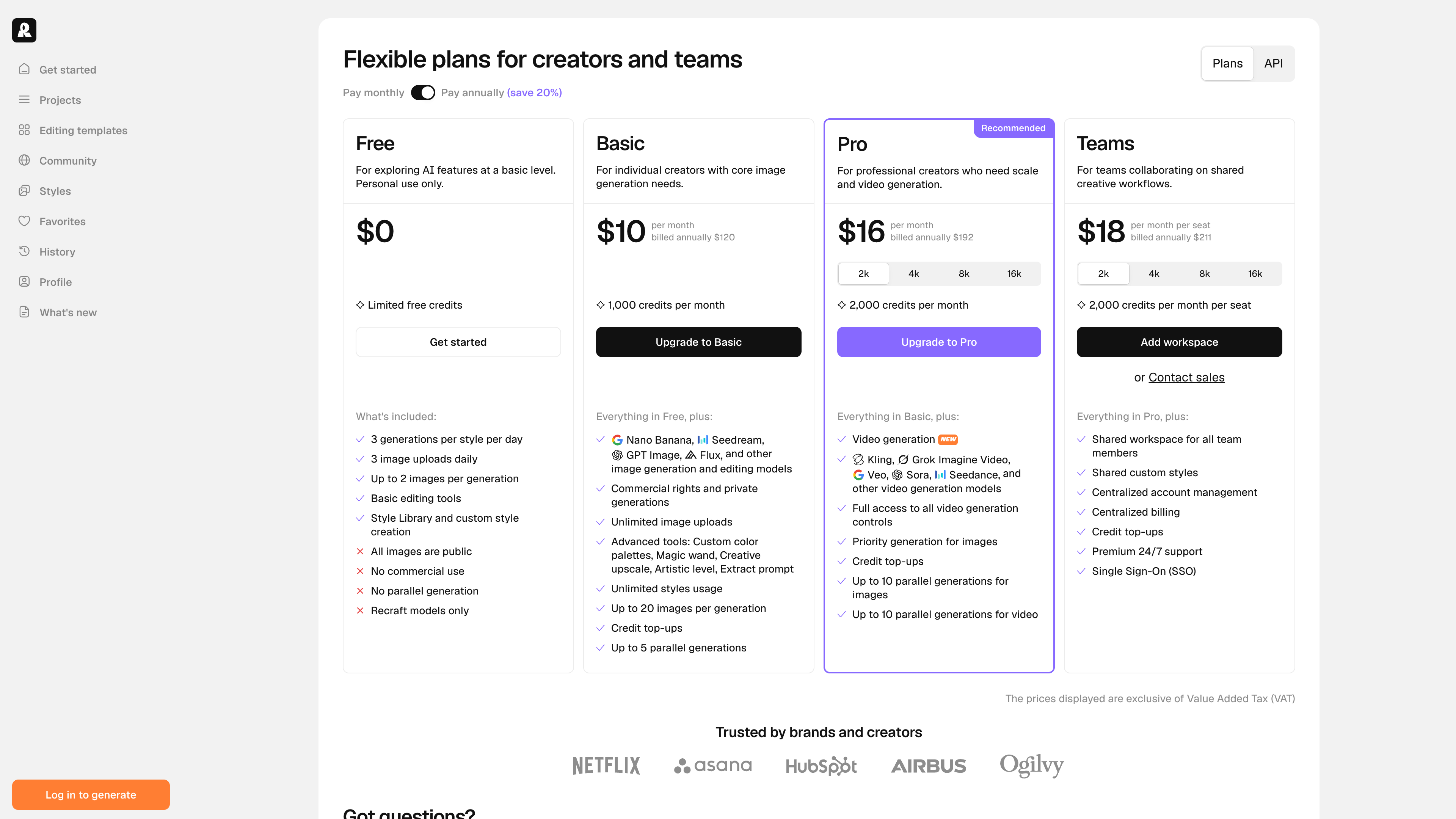 The Recraft pricing page: Free, Basic ($10/month), Pro (from $16/month), and Teams (from $18/seat/month) tiers, annual-billing view