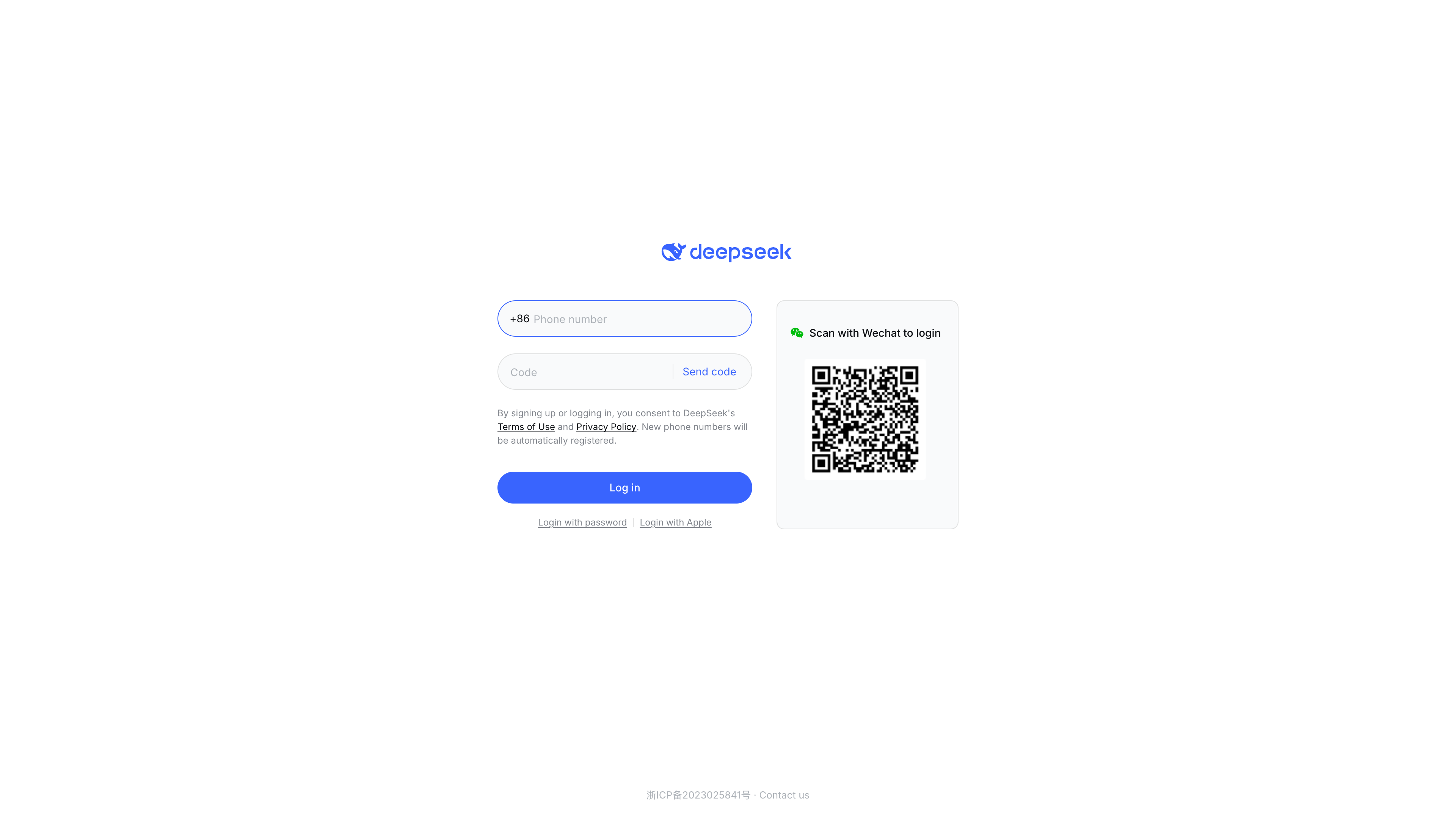 The chat.deepseek.com sign-in page: phone-number code login, a WeChat QR code, and password / Apple login options