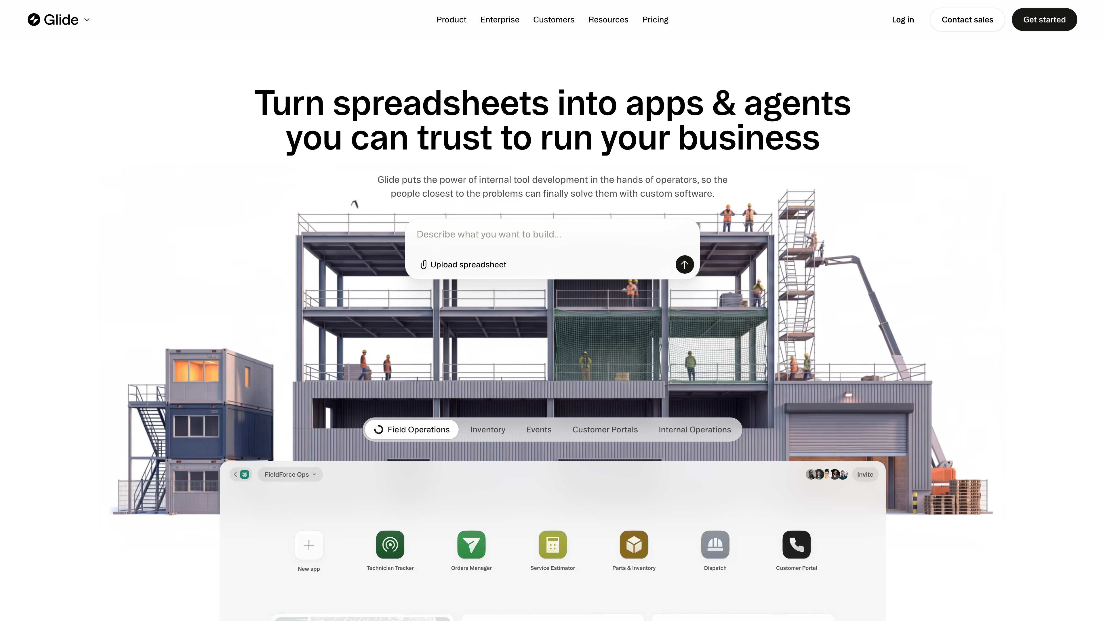 Glide homepage: describe what you want or upload a spreadsheet to generate an app
