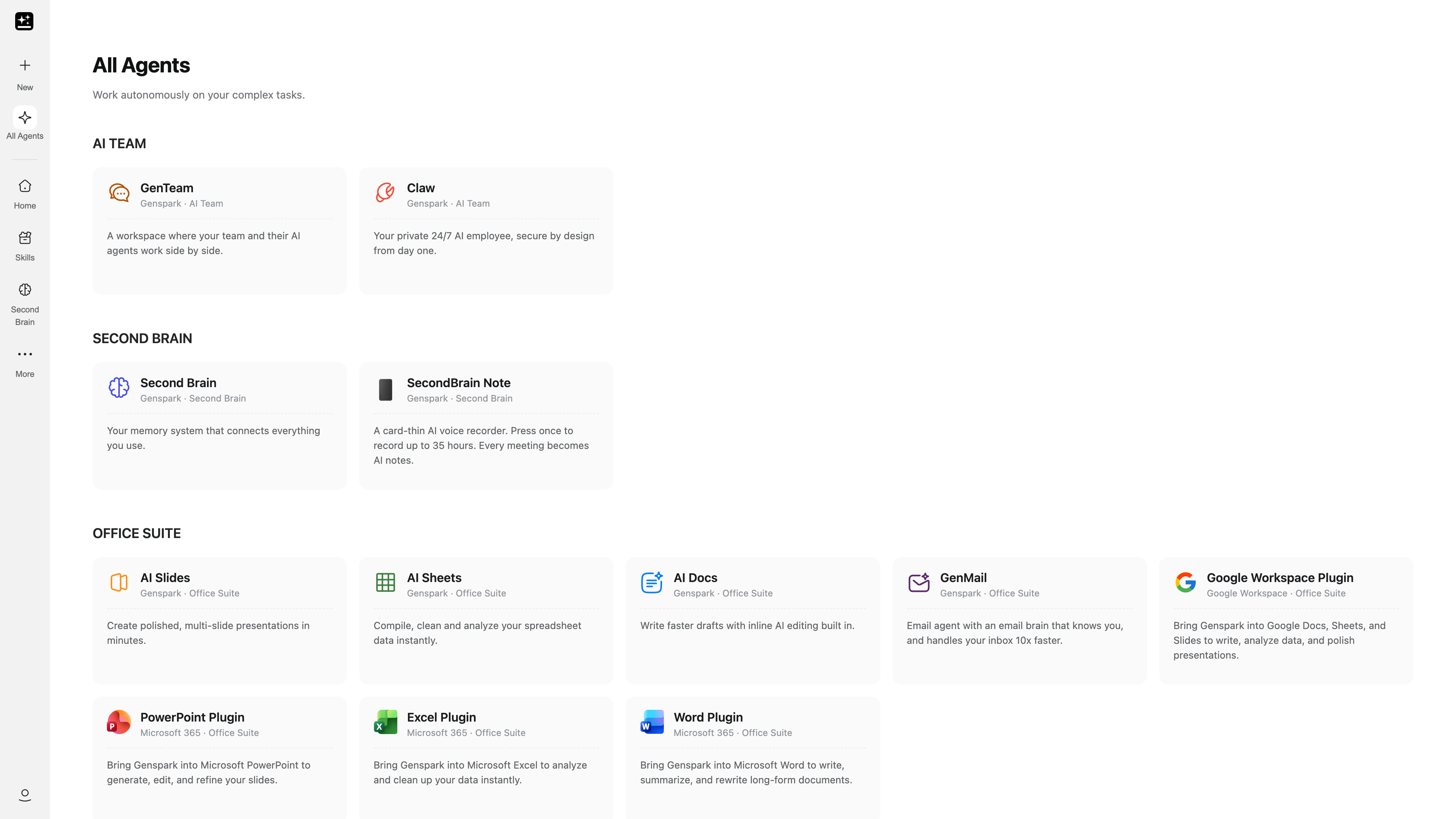 The top of Genspark's “All Agents” page: the AI Team (GenTeam, Claw), Second Brain, and Office Suite sections