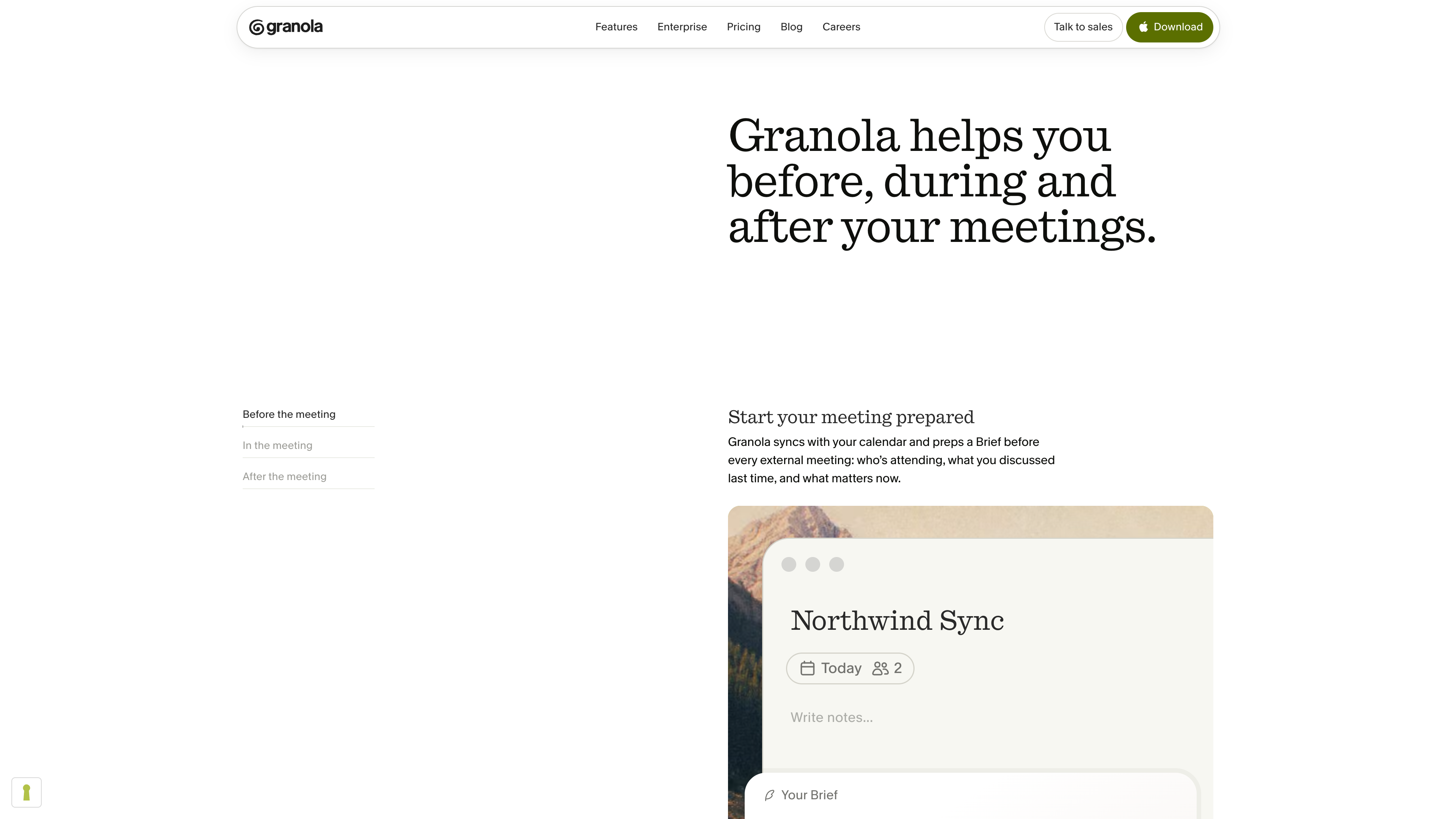 Granola's product walkthrough: pre-meeting Briefs, in-meeting notes, and post-meeting follow-ups