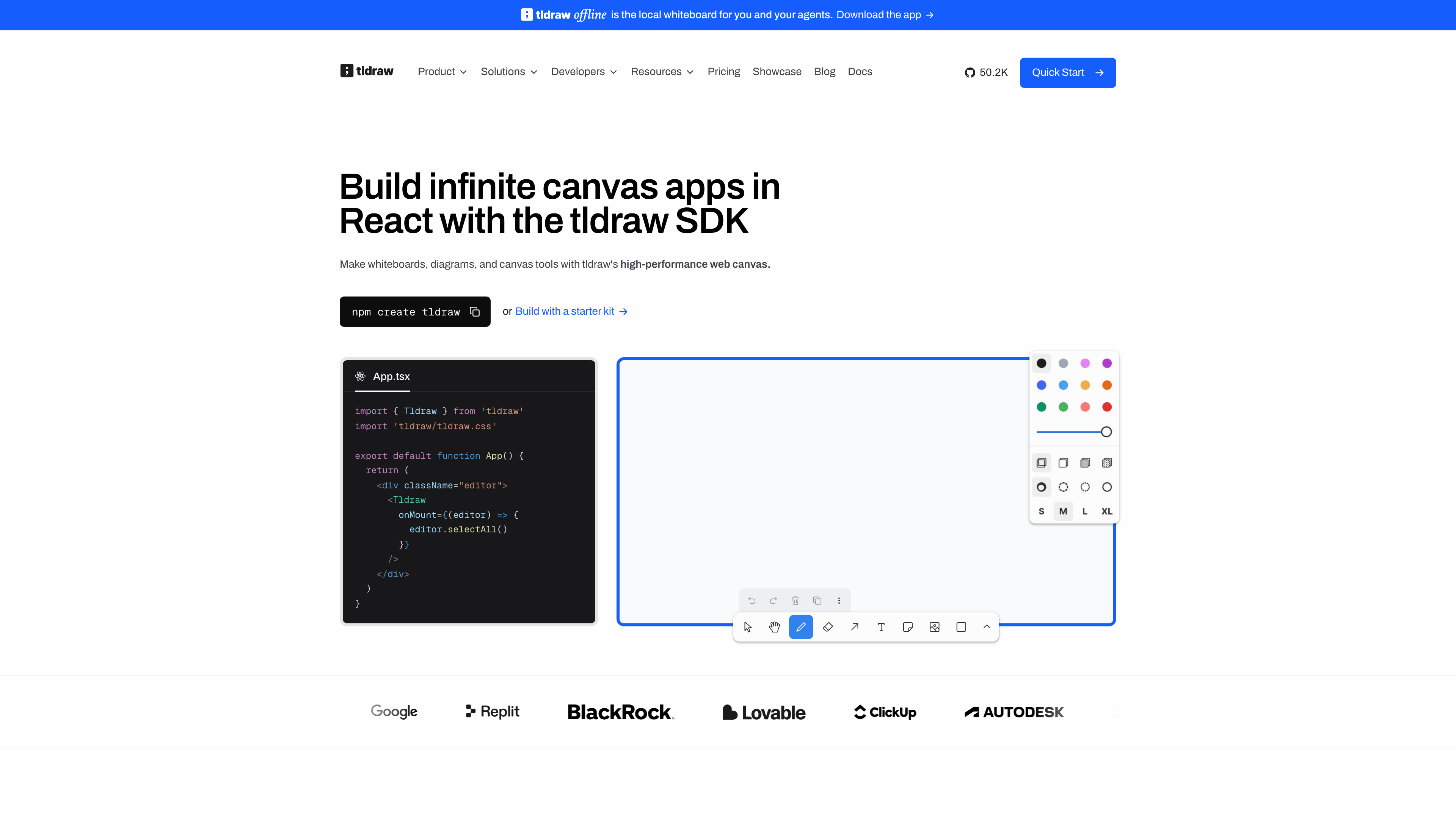 The tldraw.dev homepage: SDK integration code on the left and a live embedded canvas demo on the right