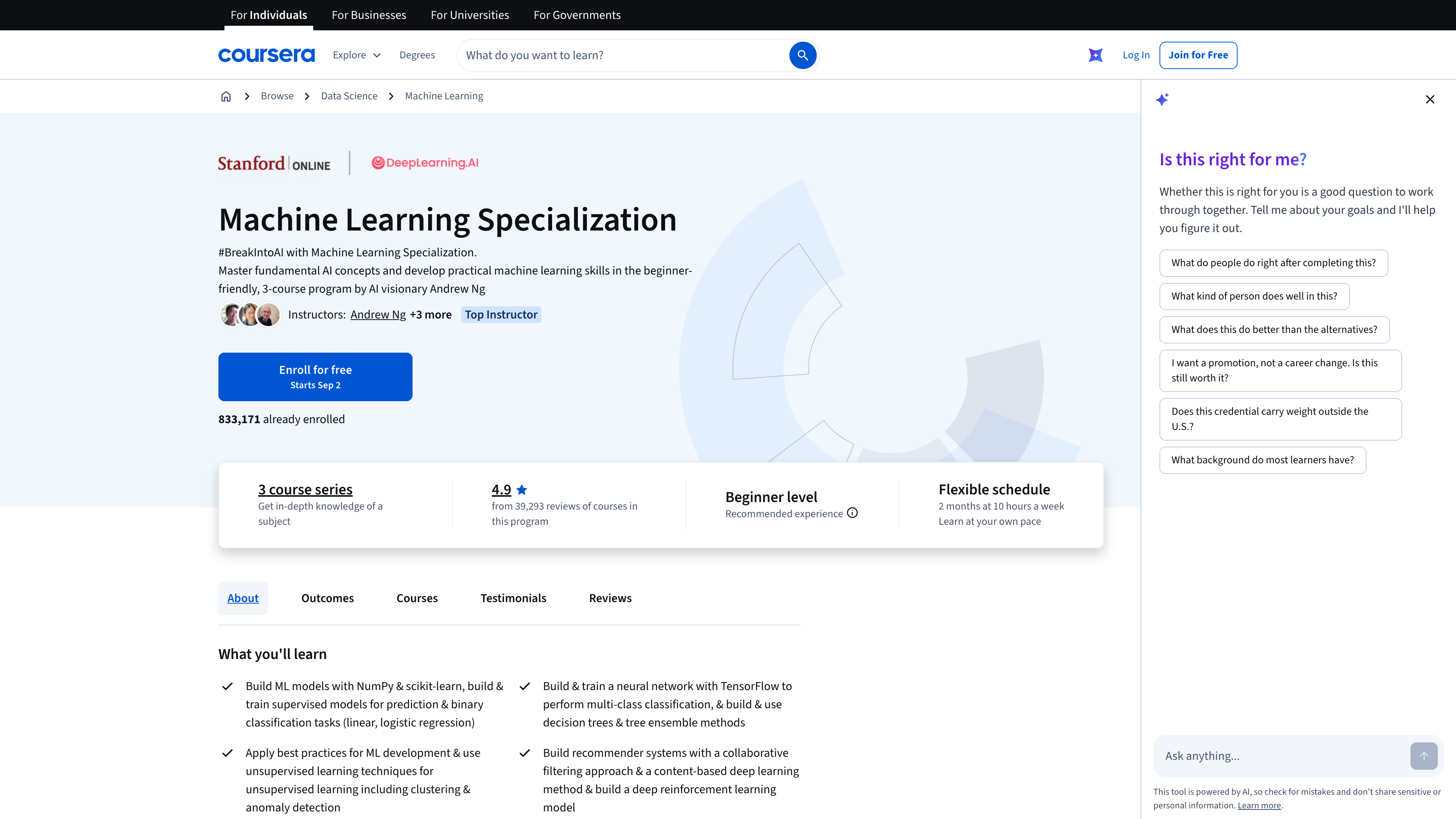 The Machine Learning Specialization page: providers, enrollment count and the Enroll for free button