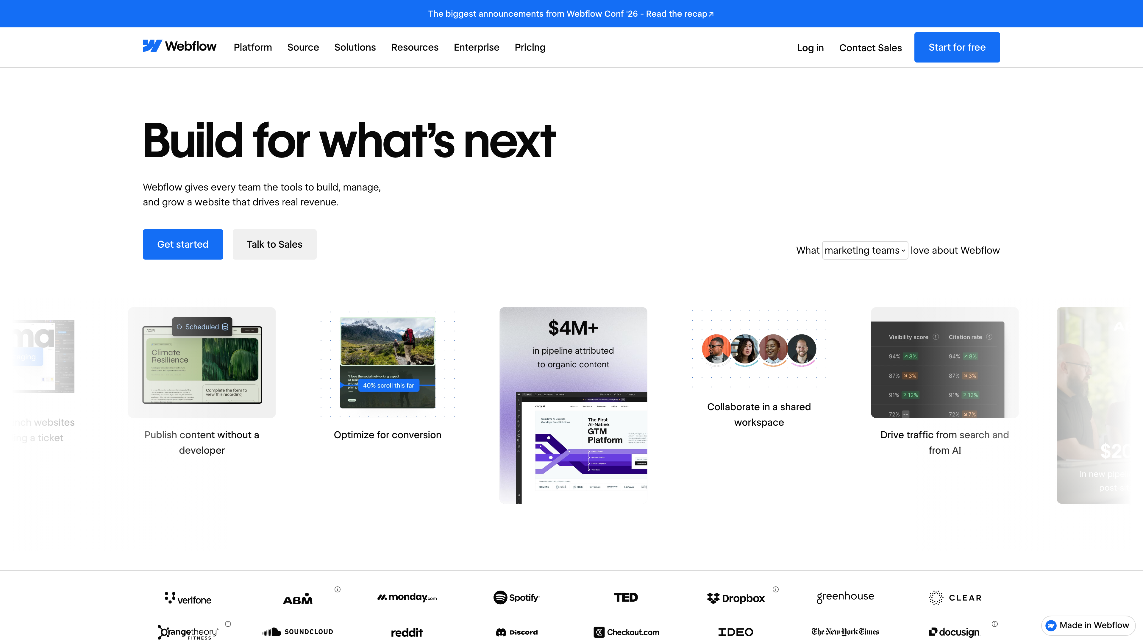 Webflow homepage: a visual website platform for teams