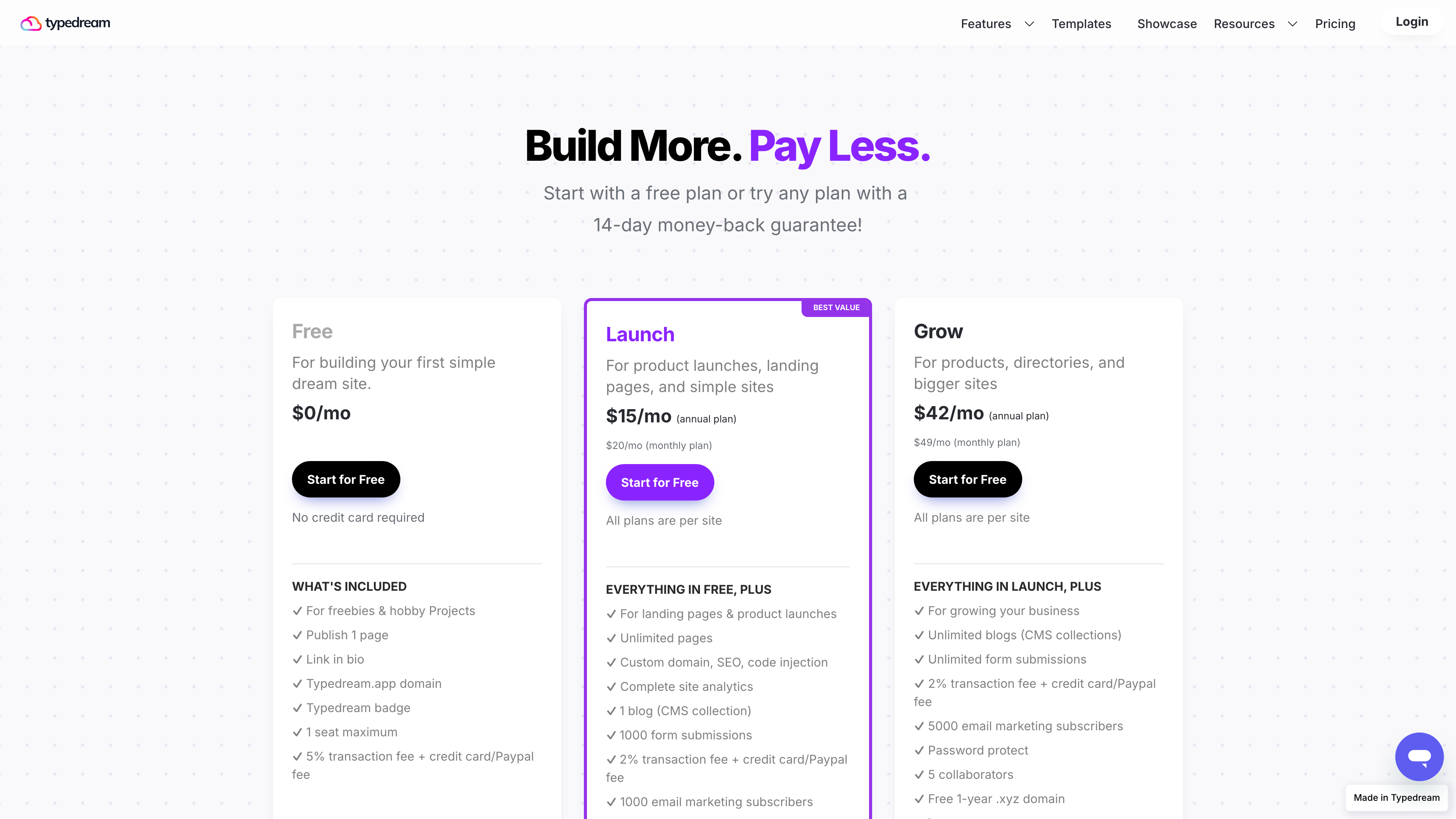 Typedream pricing page: Free, Launch and Grow tiers, billed per site