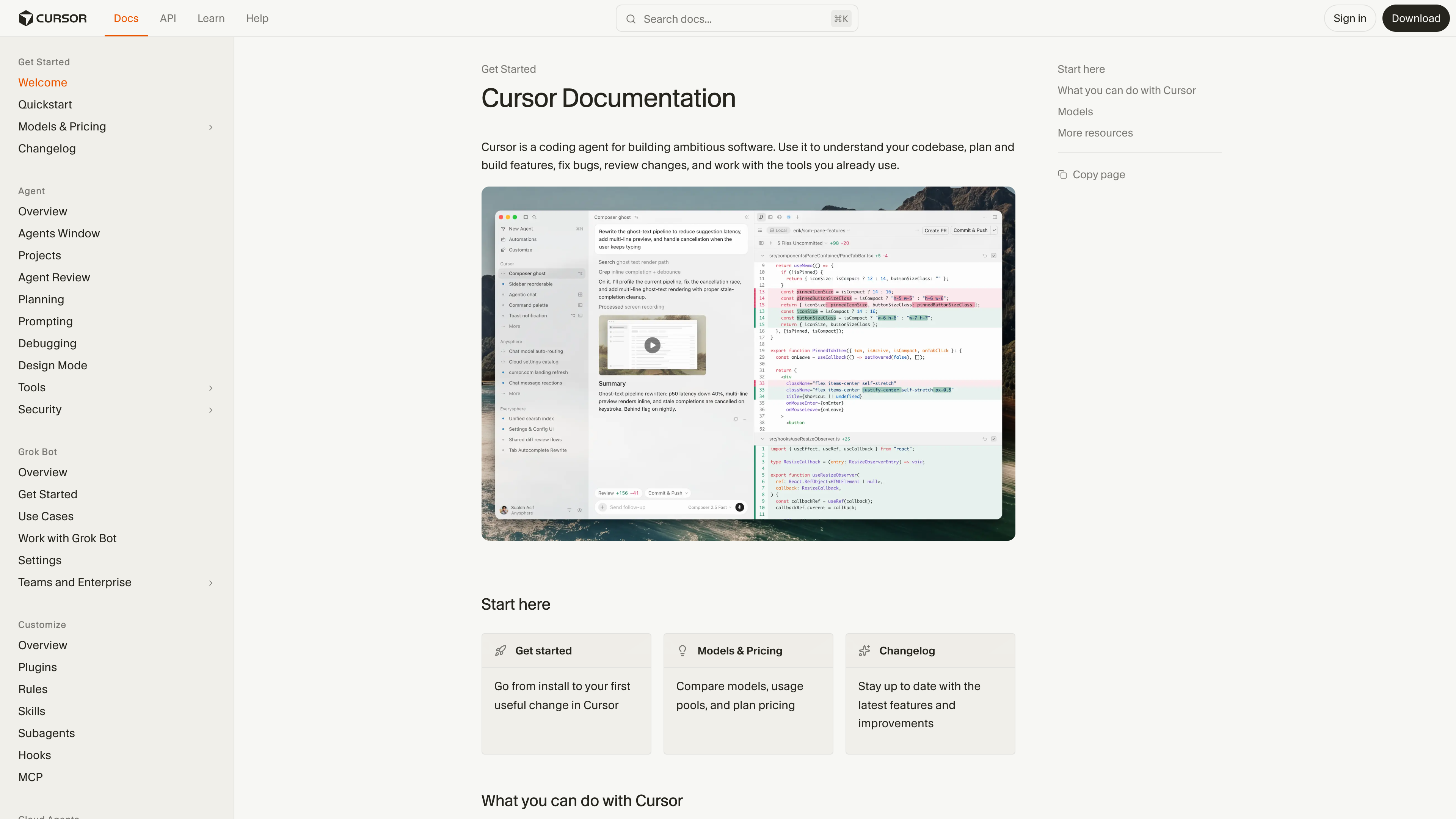 The Cursor documentation site: navigation for Agent, customization, integrations, SDK and CLI on the left; quickstart, models and pricing in the body