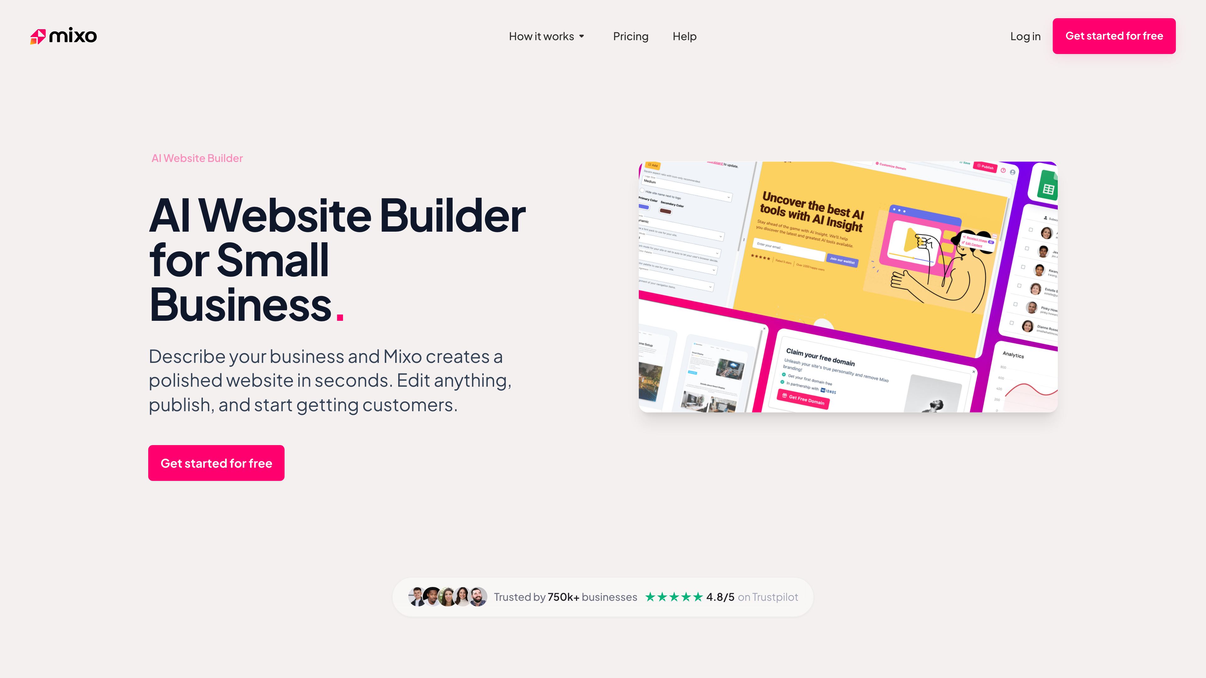 Mixo's AI Website Builder feature page with editor mockups