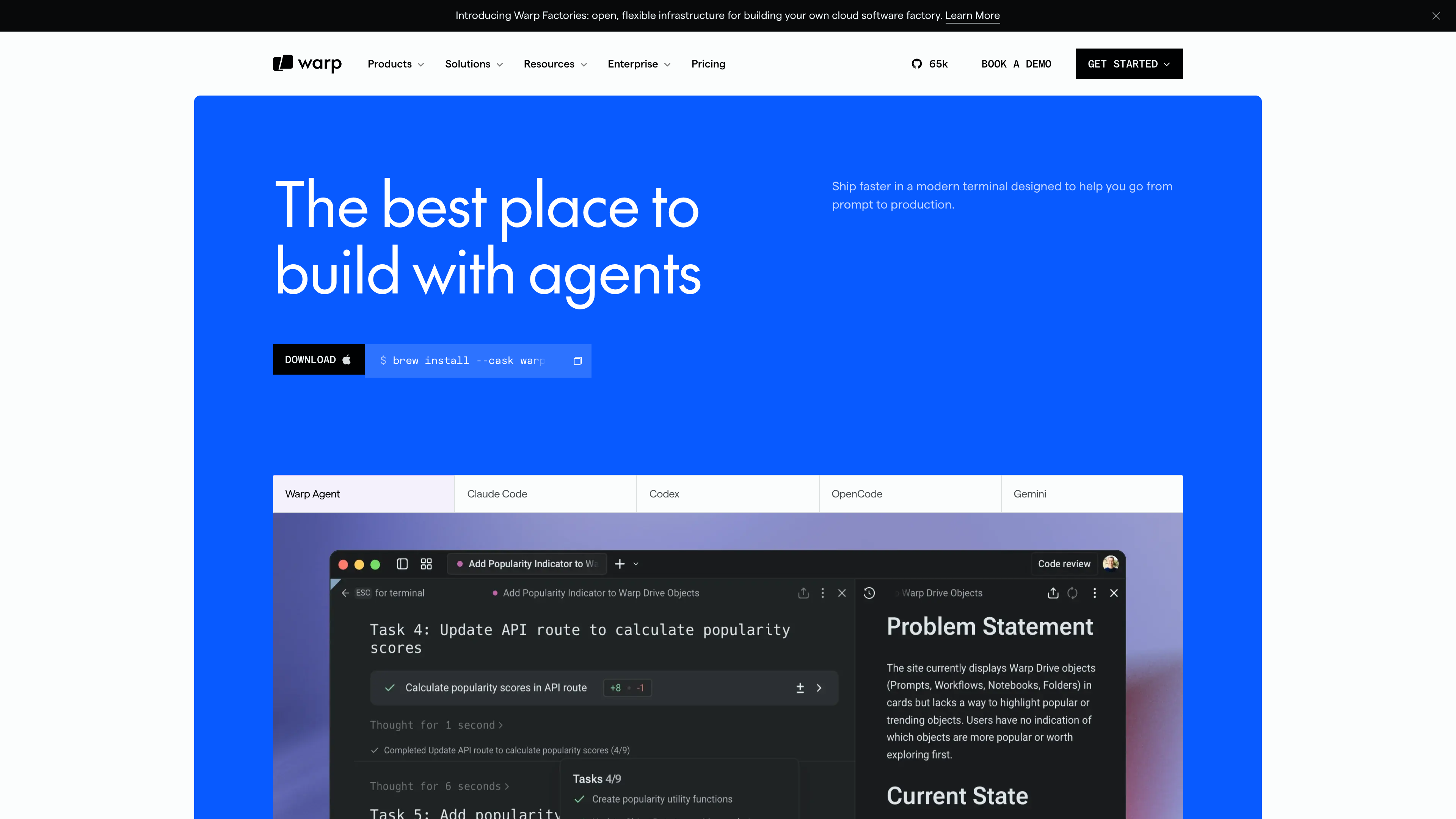 Warp's terminal product page: an agent task running alongside a code review, with tabs to switch between Warp Agent, Claude Code, Codex, and OpenCode
