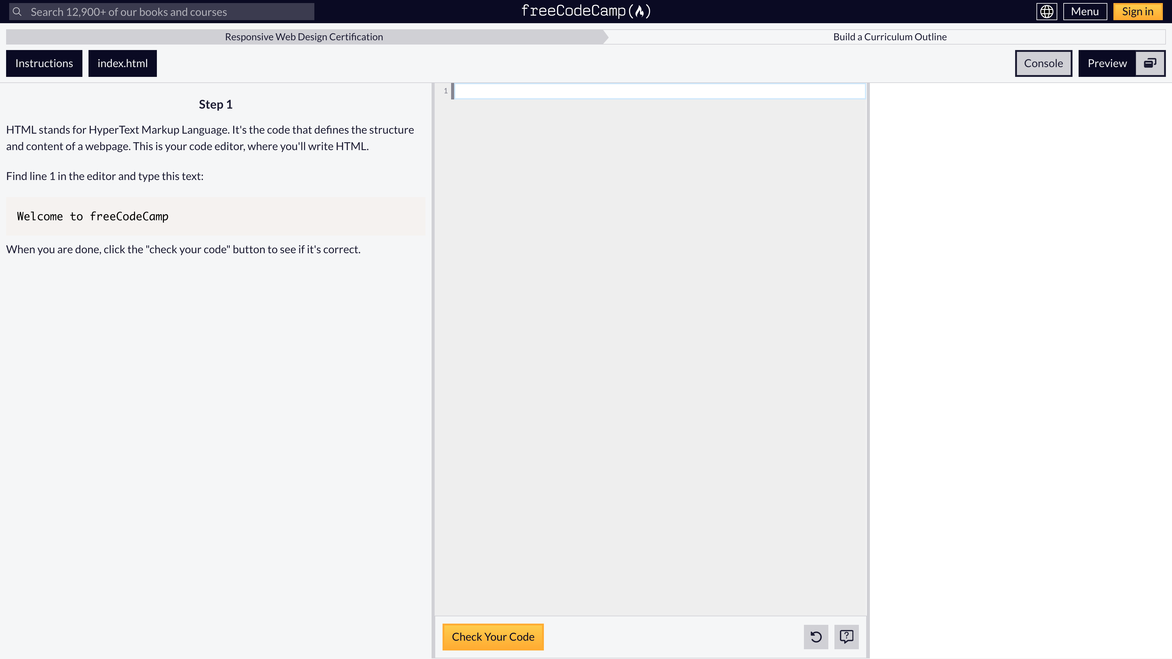 A Responsive Web Design workshop on freeCodeCamp: instructions, code editor and live preview