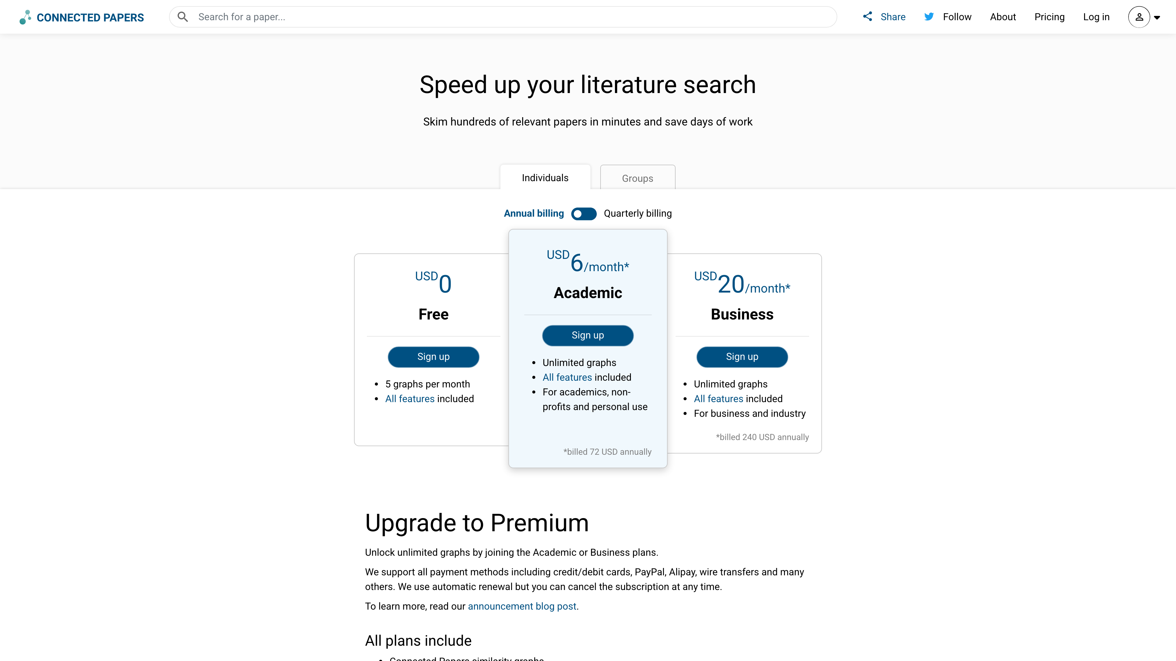 The Connected Papers pricing page: Free, Academic, and Business individual plans