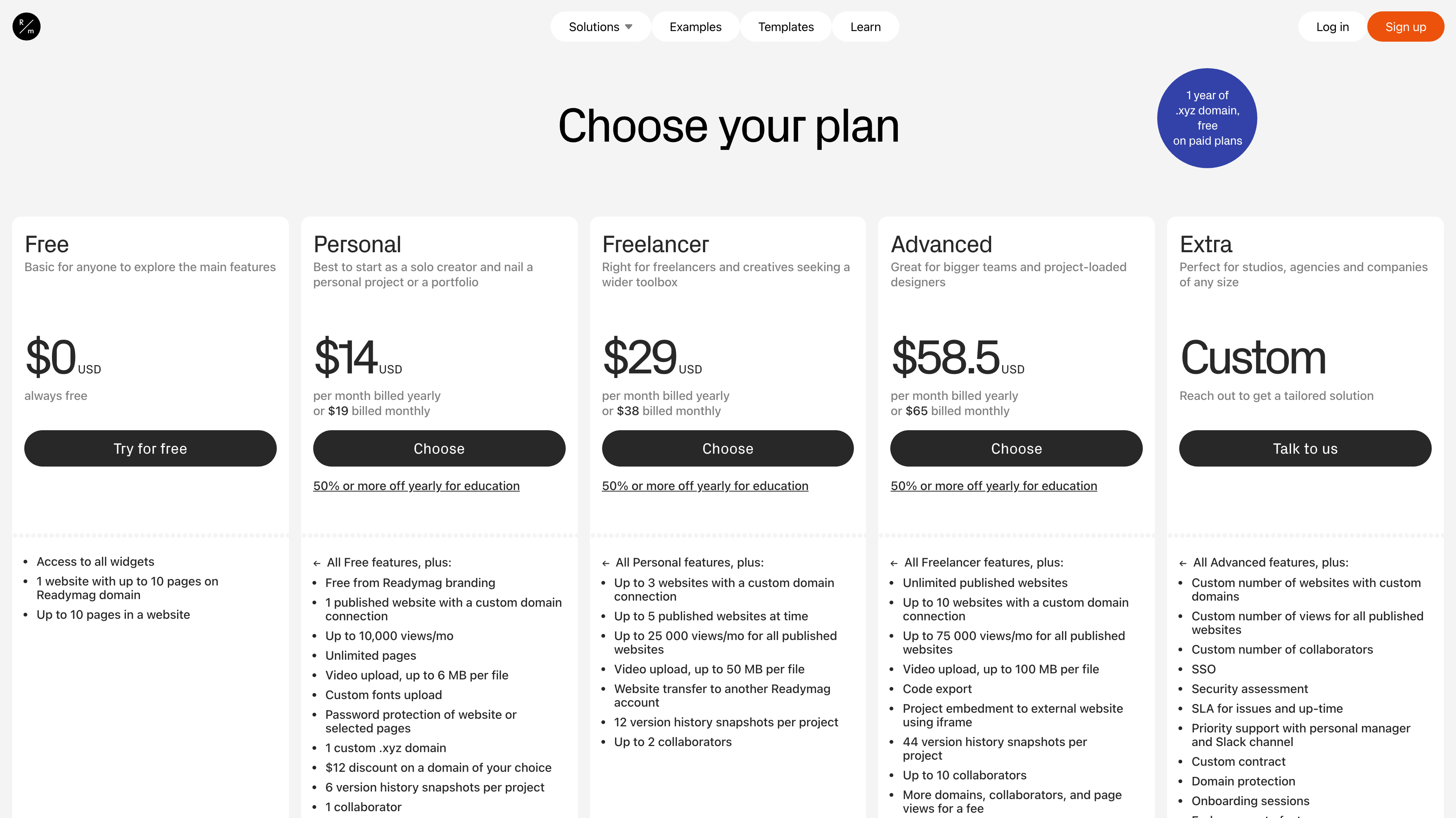 Readymag pricing page: the Free, Personal, Freelancer, Advanced and Extra plans