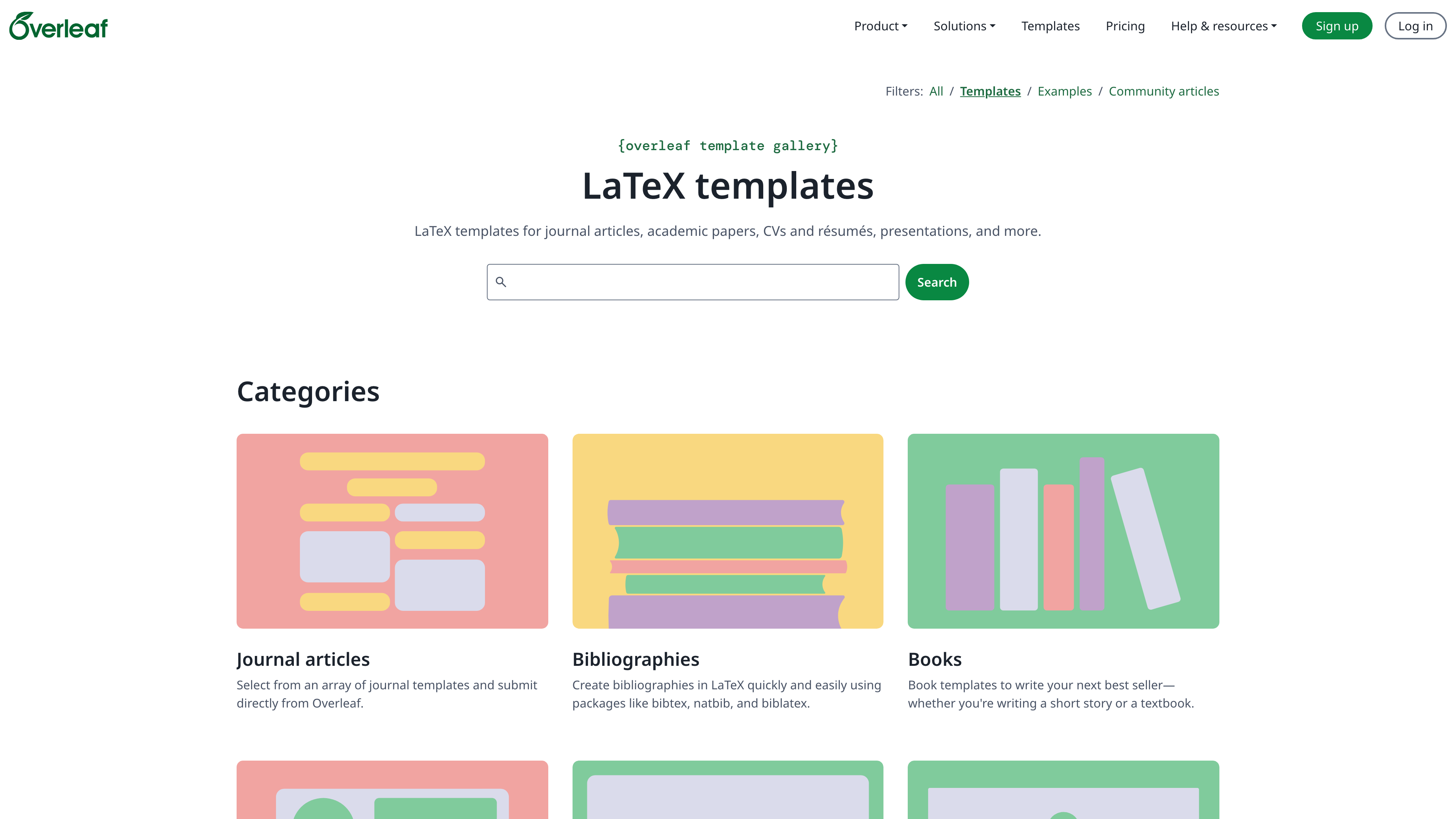 The Overleaf template gallery, browsable by categories such as journal articles, bibliographies and books