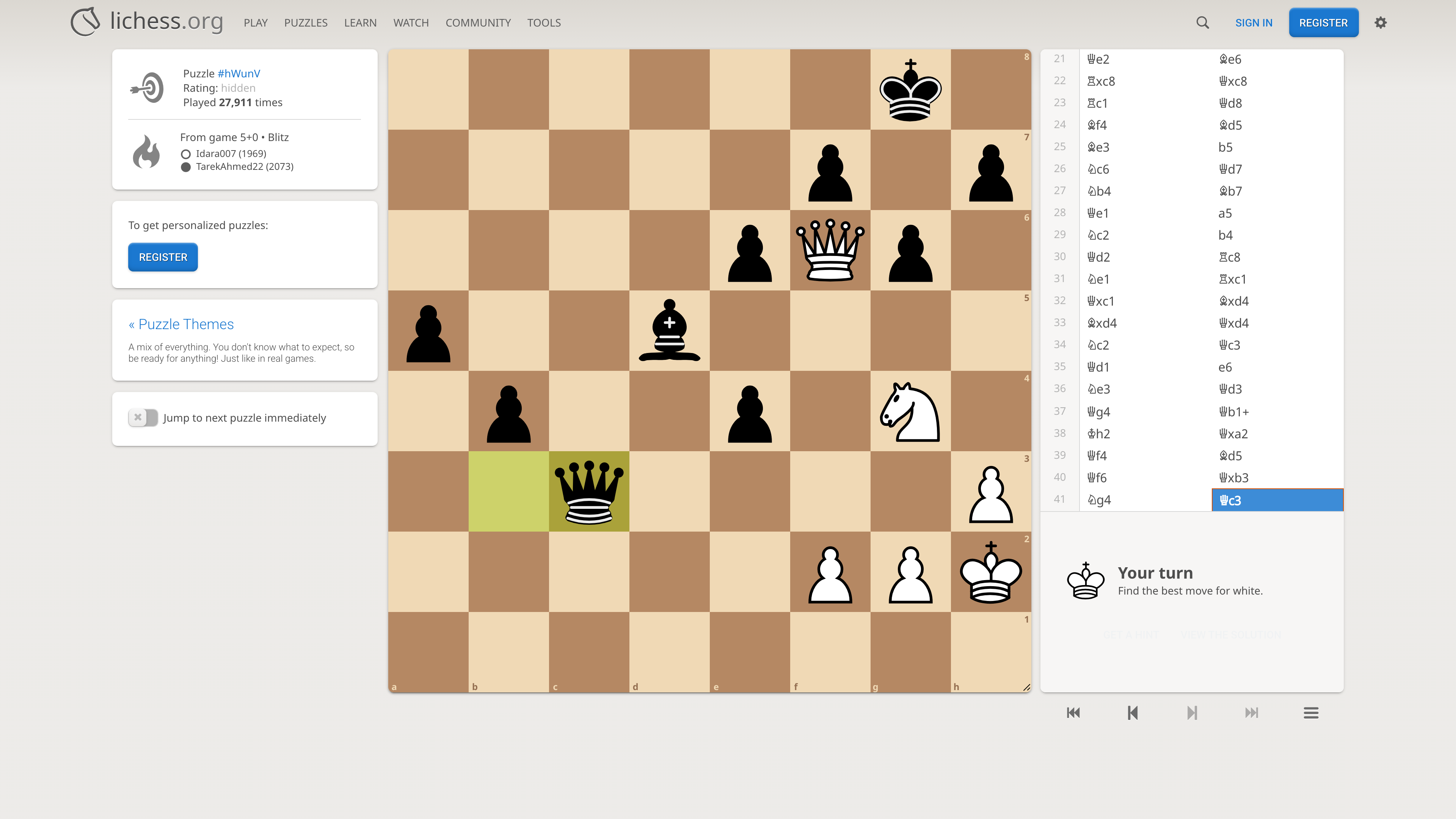 A Lichess tactics puzzle: the position, its source game and move list, with a prompt to find the best move