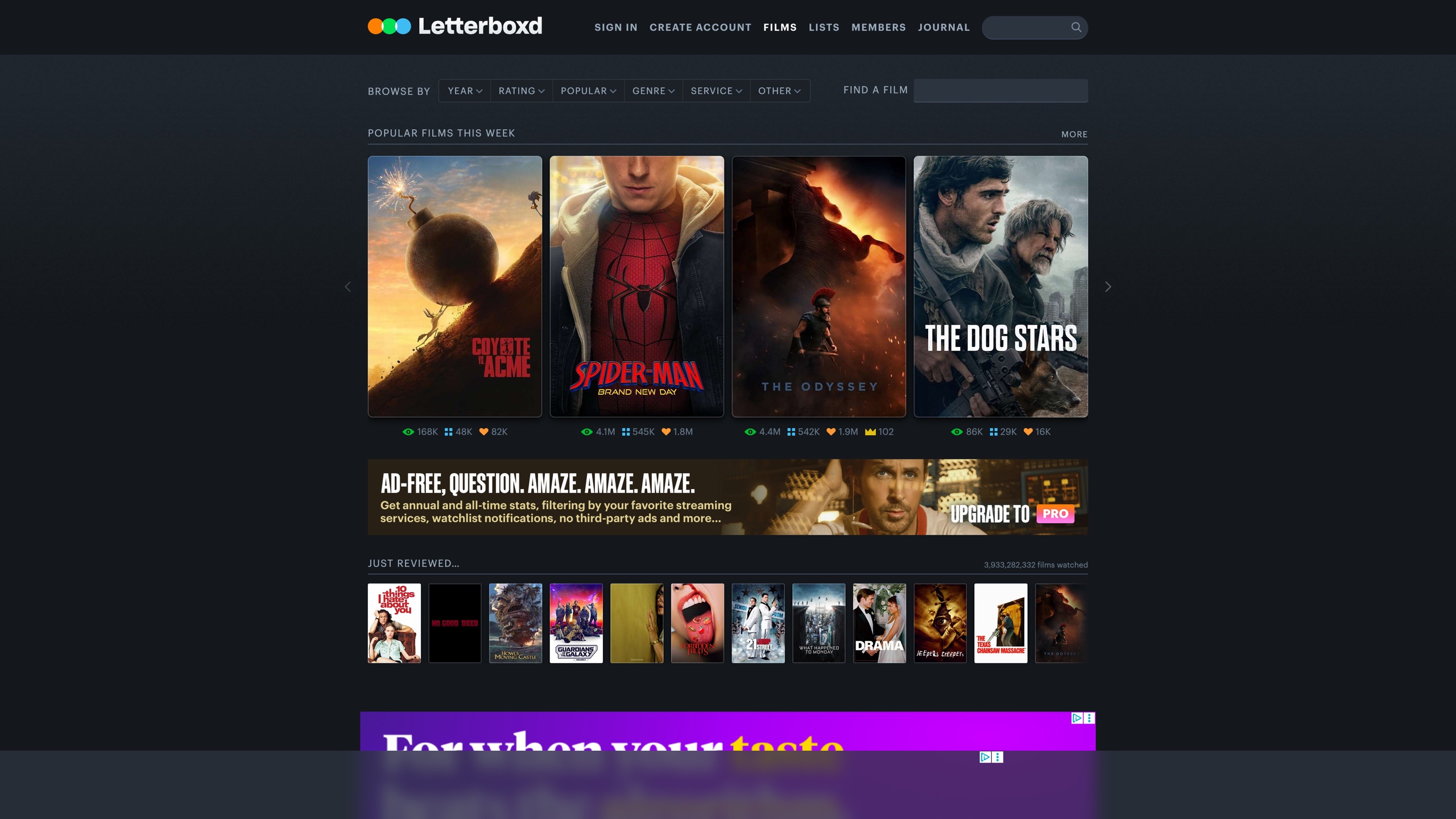 The films browse page: popular this week and the "Just reviewed" live review stream