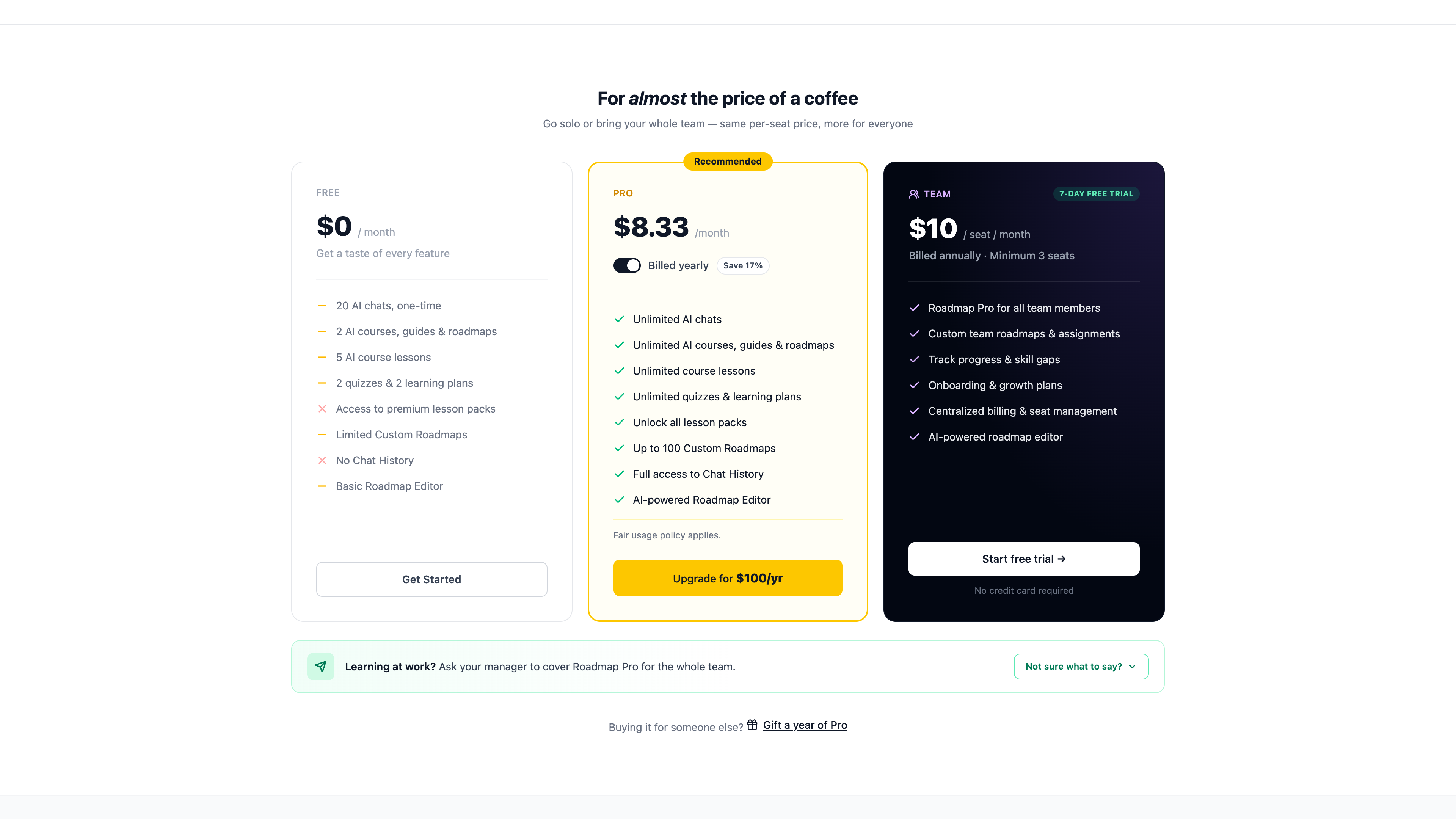 The pricing section as captured: the free tier's one-time AI allowances, Pro at $100/year ($8.33/month) and the team plan at $10/seat/month
