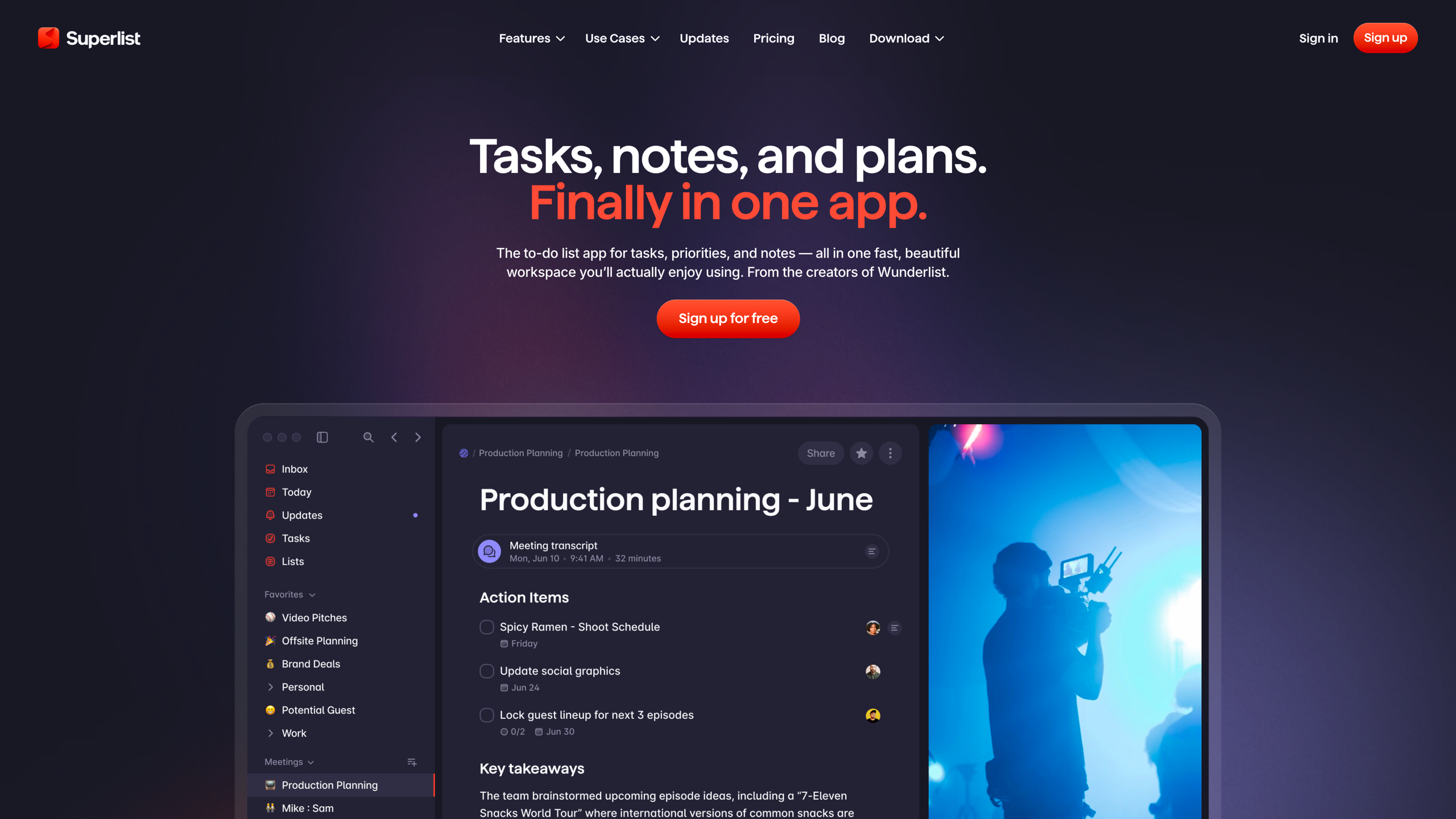 Superlist homepage: the tagline "Tasks, notes, and plans. Finally in one app." above a preview of the app's list and action-item interface