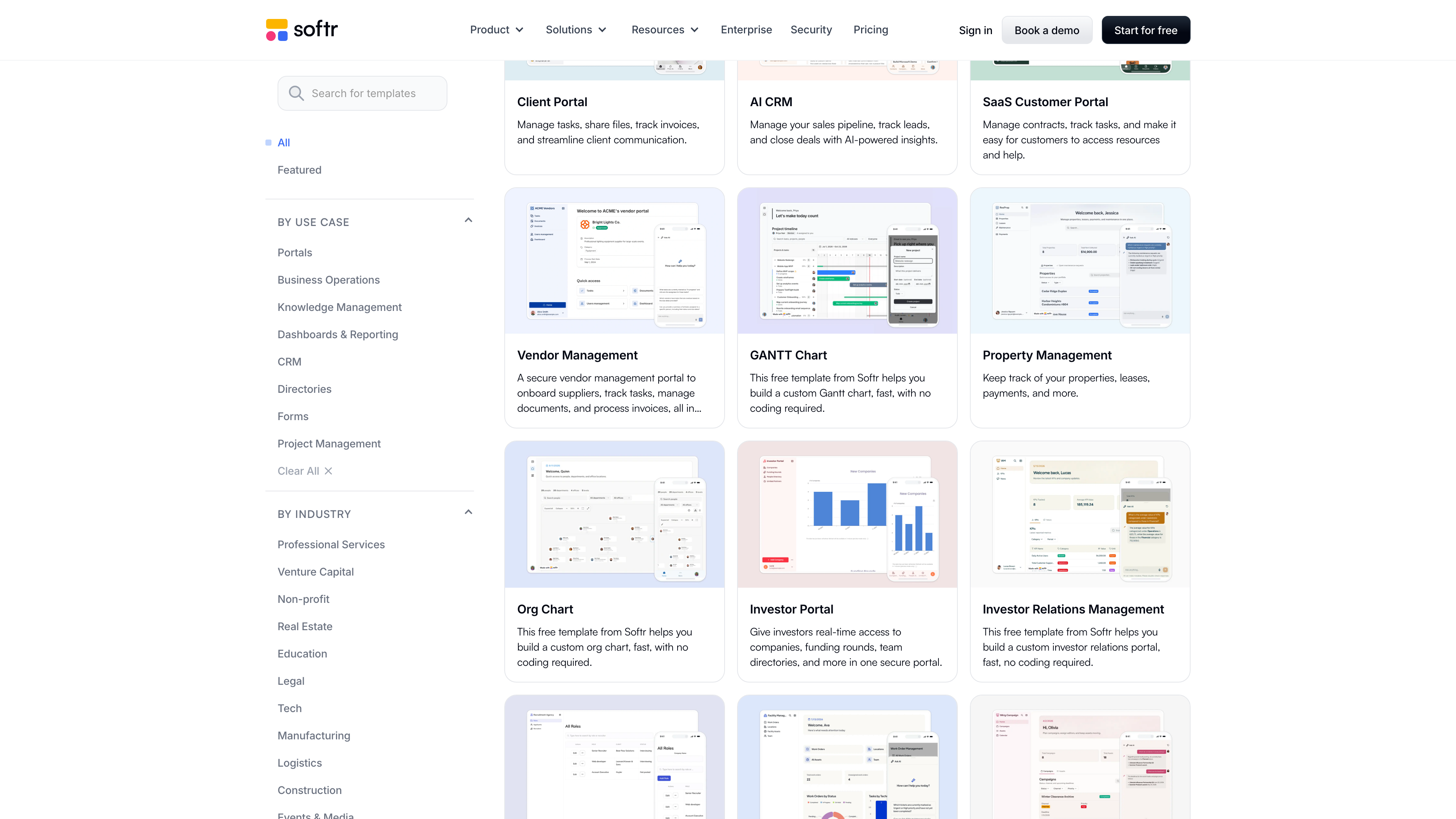 Softr template gallery: filters by use case and industry