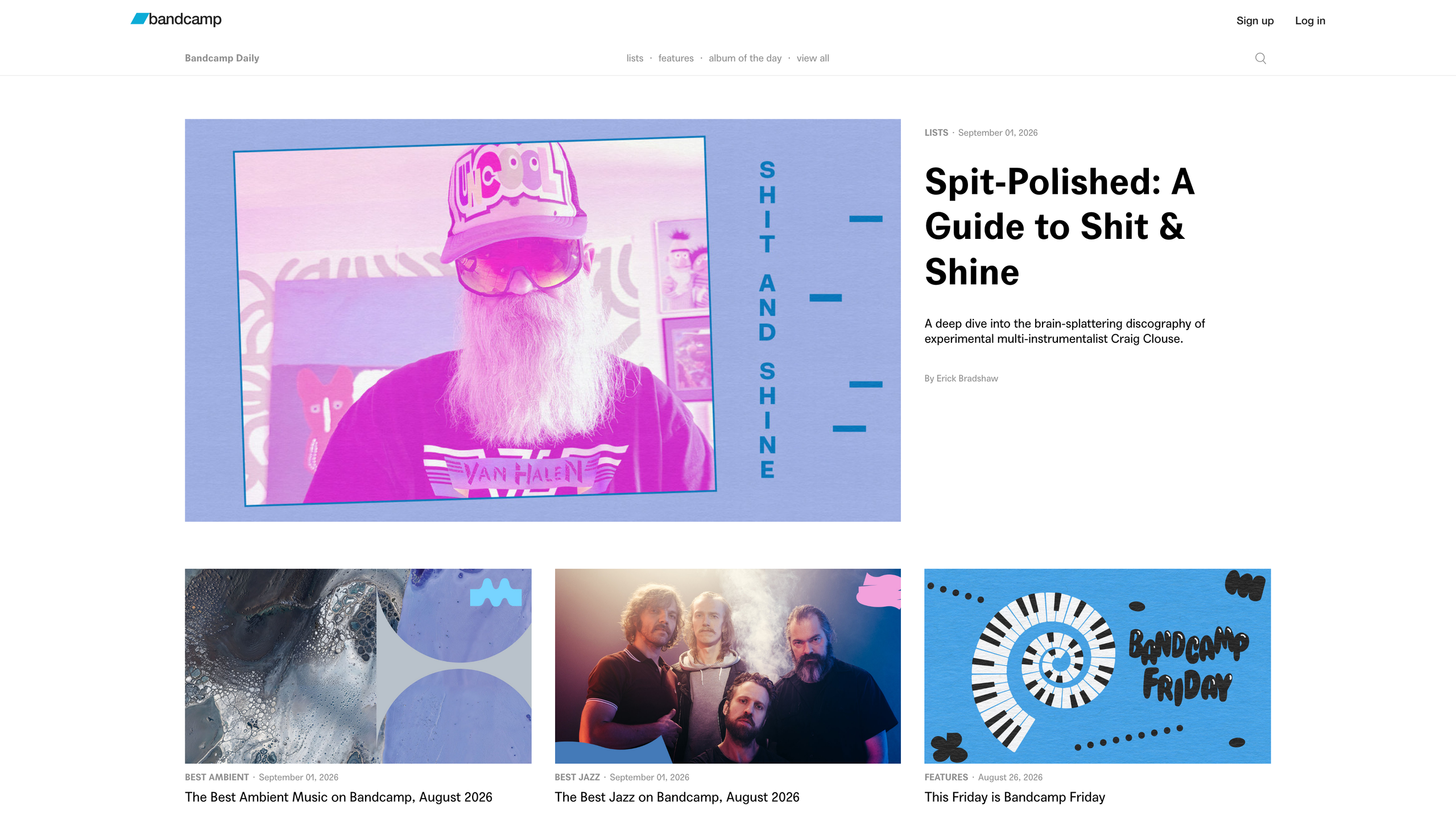 The Bandcamp Daily homepage: lists, features, and a Bandcamp Friday announcement