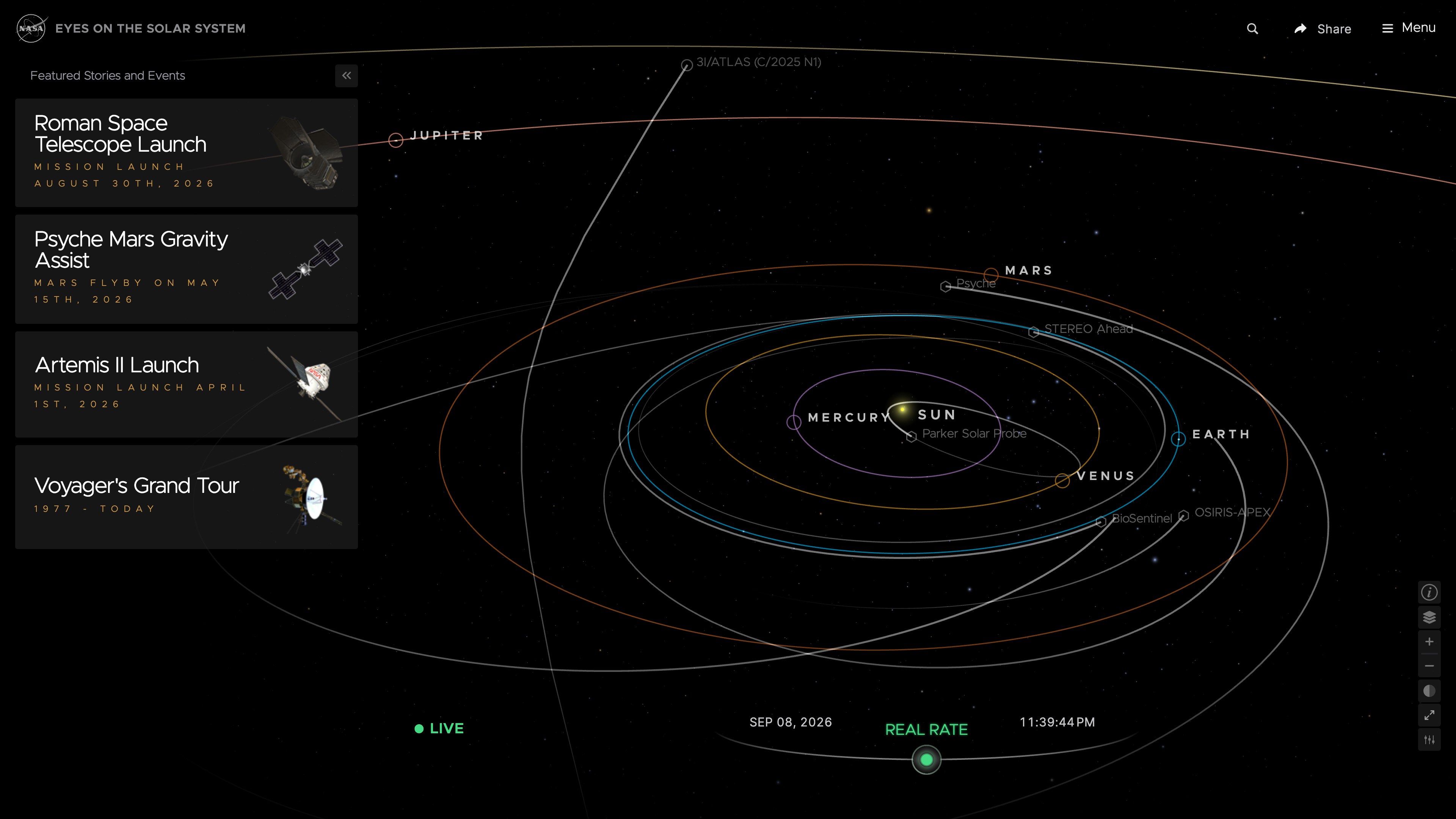 The default view of Eyes on the Solar System: a live Sun-centered 3D solar system with a Featured Stories and Events panel on the left