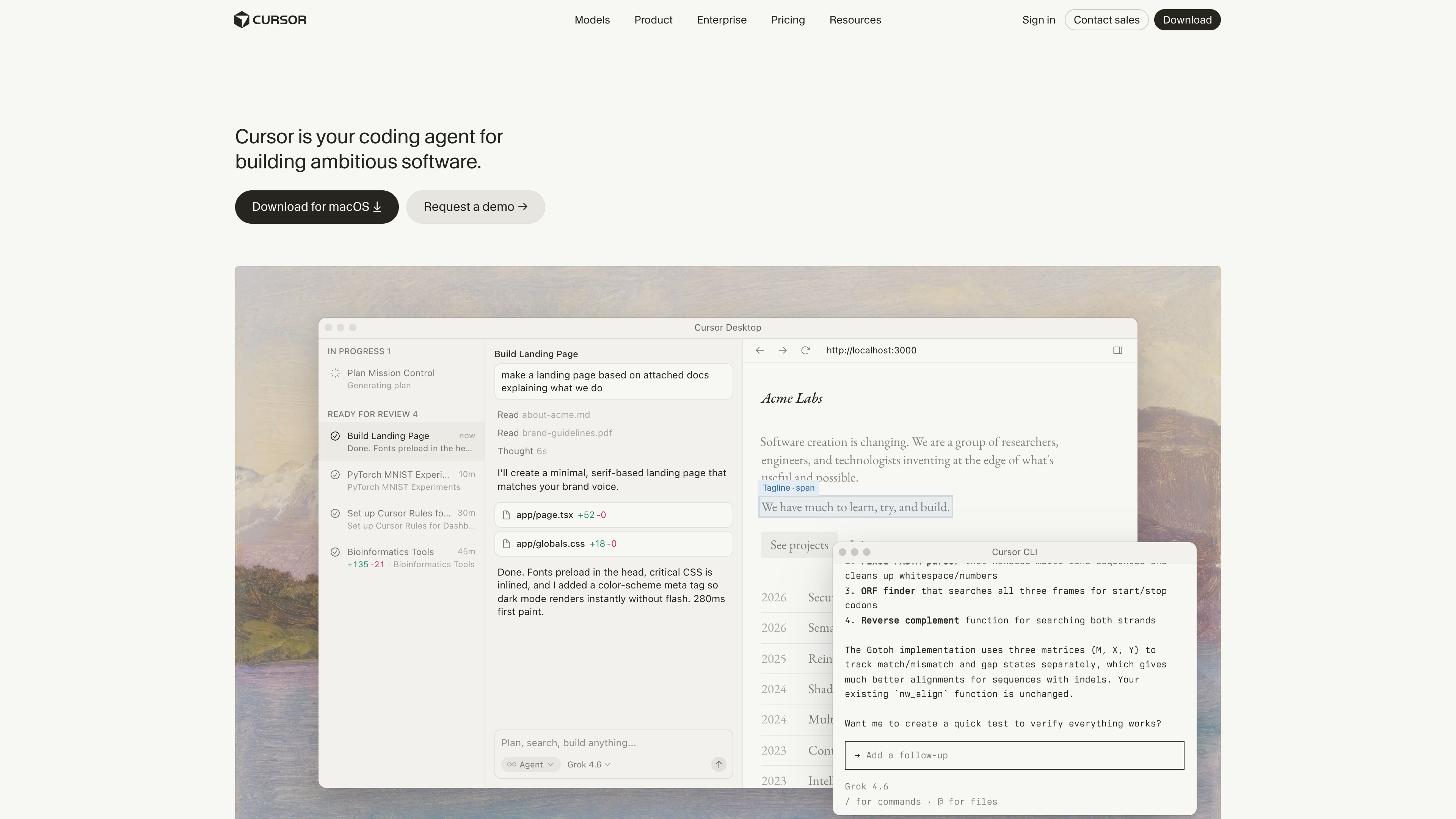 The Cursor homepage: the hero reads “Cursor is your coding agent for building ambitious software,” with the desktop editor and Cursor CLI interfaces shown side by side